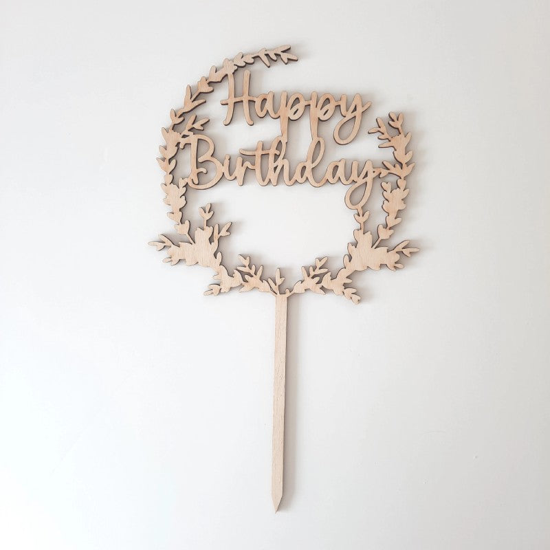 Caketopper Happy Birthday mit Blaetterkranz dreiviertelrund