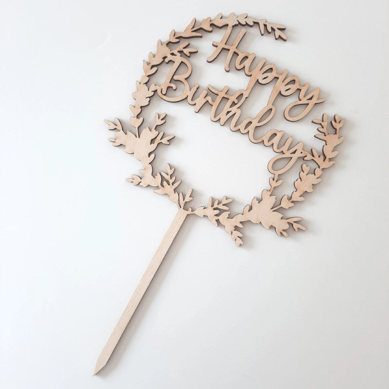 Caketopper Happy Birthday mit Blaetterkranz dreiviertelrund