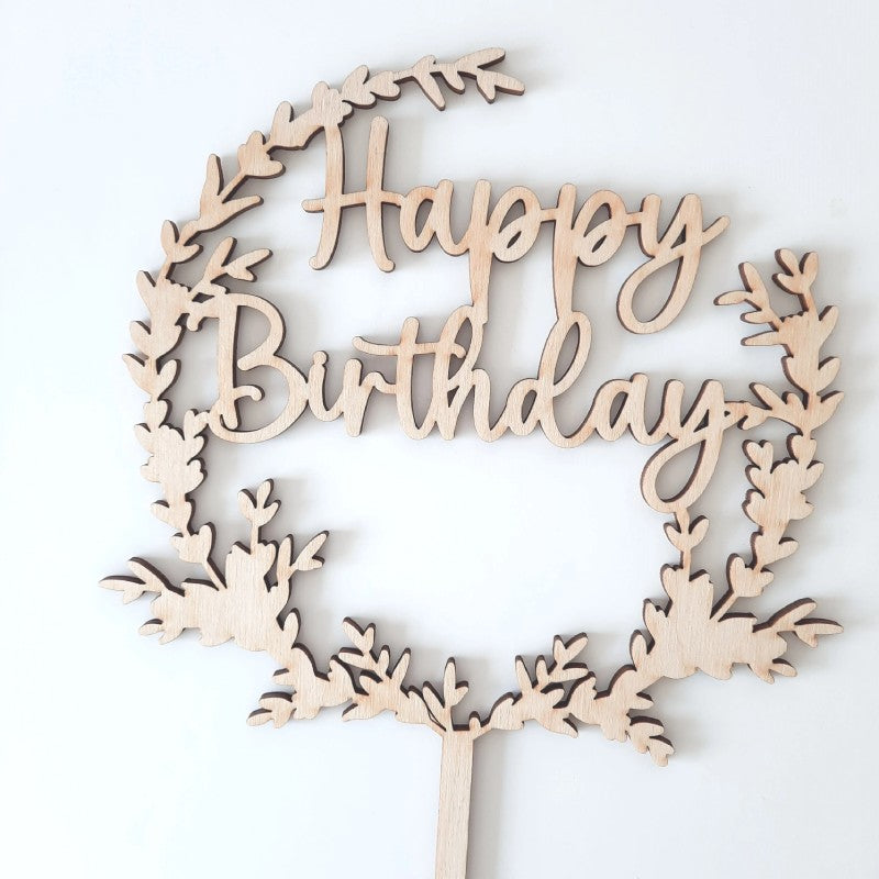 Caketopper Happy Birthday mit Blaetterkranz dreiviertelrund
