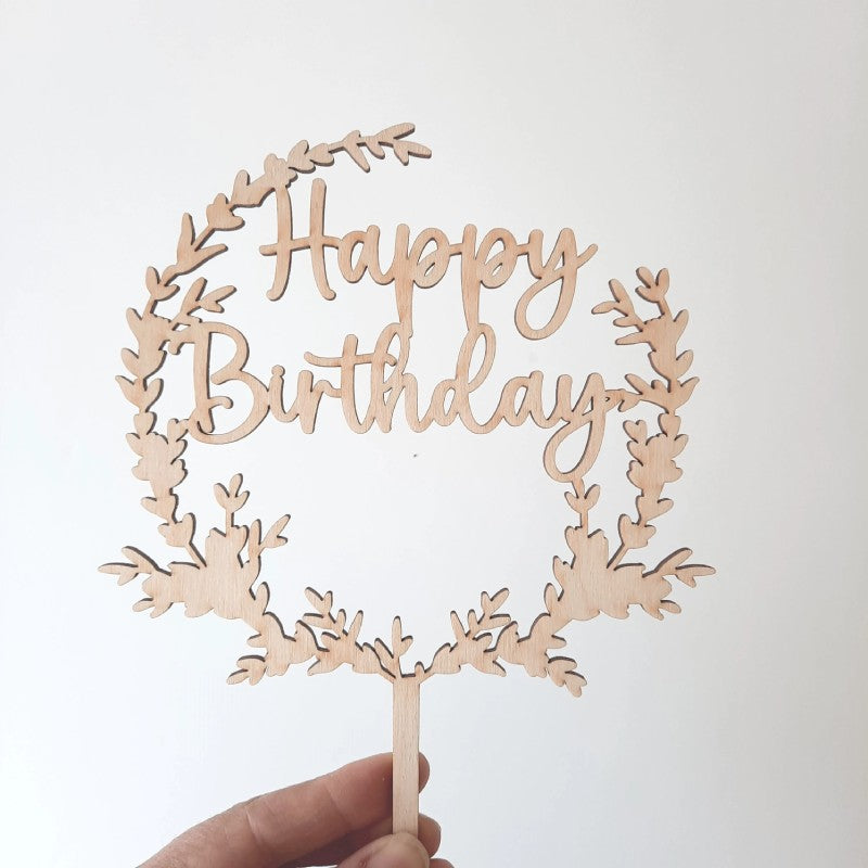 Caketopper Happy Birthday mit Blaetterkranz dreiviertelrund