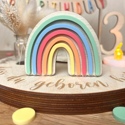 Geburtstagsteller mit Regenbogen Stecker und Teelicht