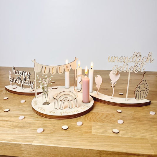 Geburtstagsteller personalisiert rosé Set mit Viertelmodulen
