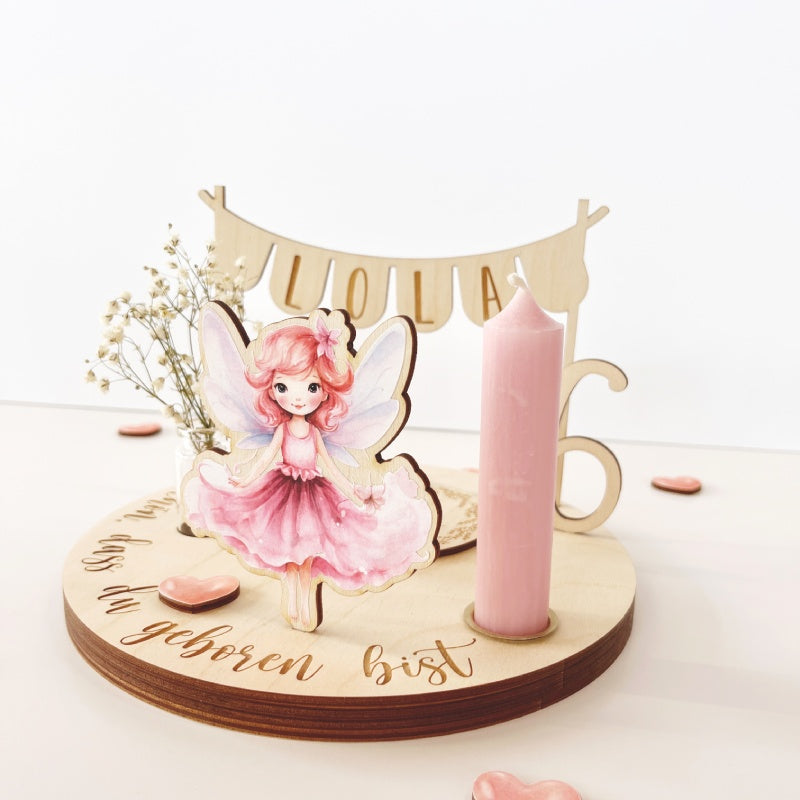 Geburtstagsteller mit Fee Motivstecker und Kerze in rosa