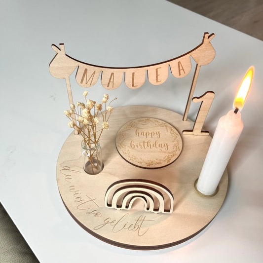 Geburtstagsteller personalisiert Holzoptik mit Kerze