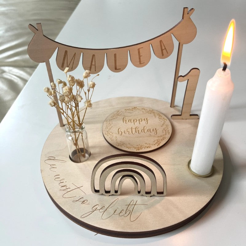 Geburtstagsteller personalisiert mit Kerze und Vase