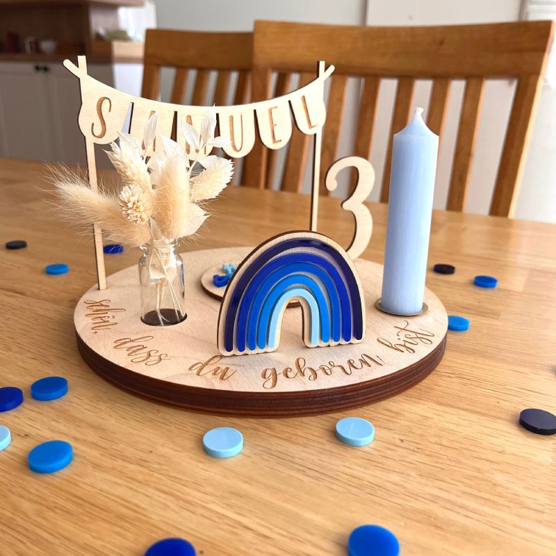 Geburtstagsteller personalisiert blau mit Kerze