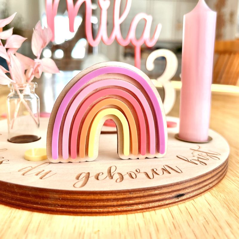 Geburtstagsteller personalisiert pink mit Regenbogen