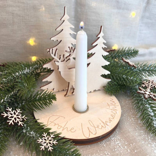 Holz Weihnachtsteller mit Kerze und Steckmotiven