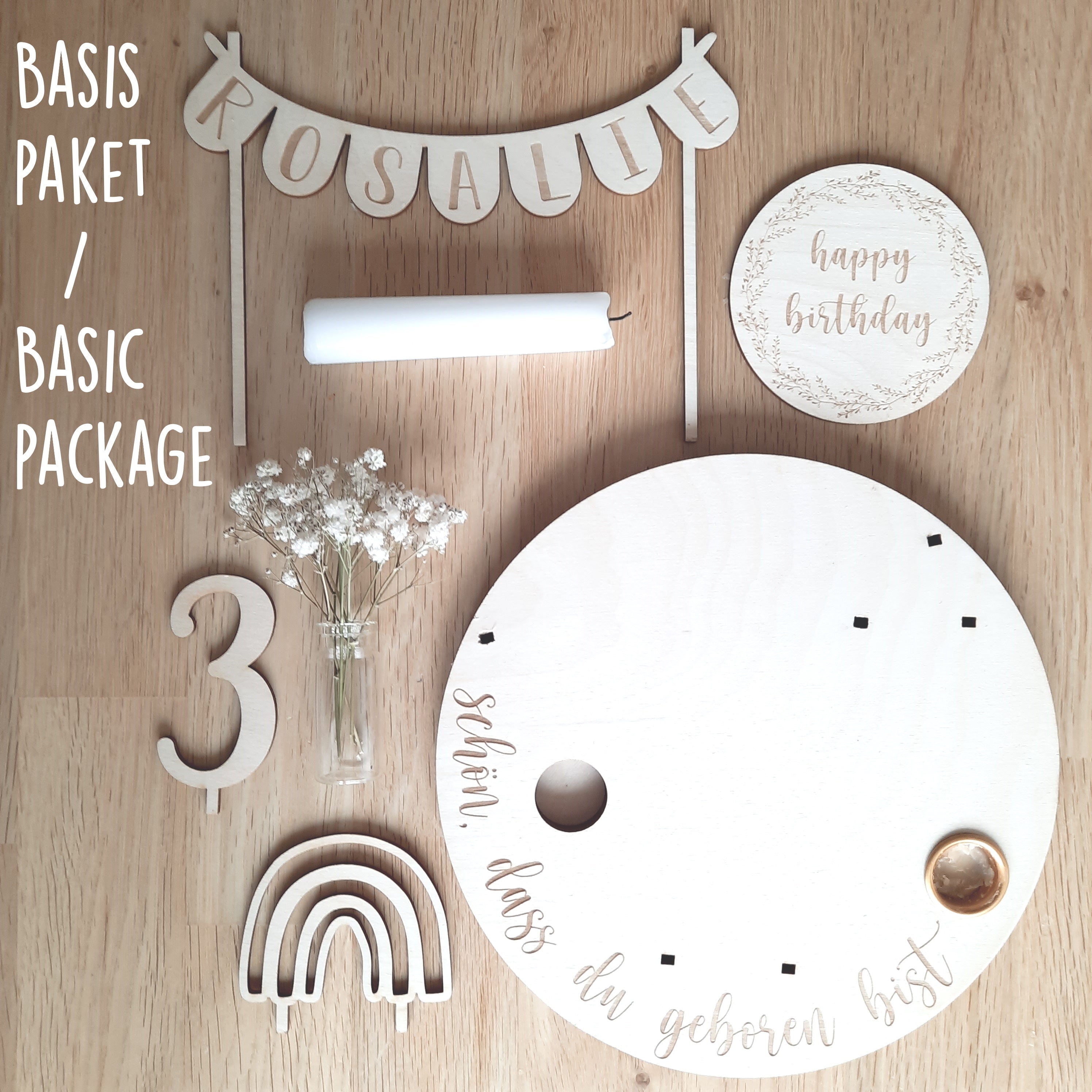 Personalisierter Geburtstagsteller mit Vase und Kerze, Kerzenplatte, Geburtstagsbrettchen, Geburtstagstafel, Geburtstagskranz, Tischdeko