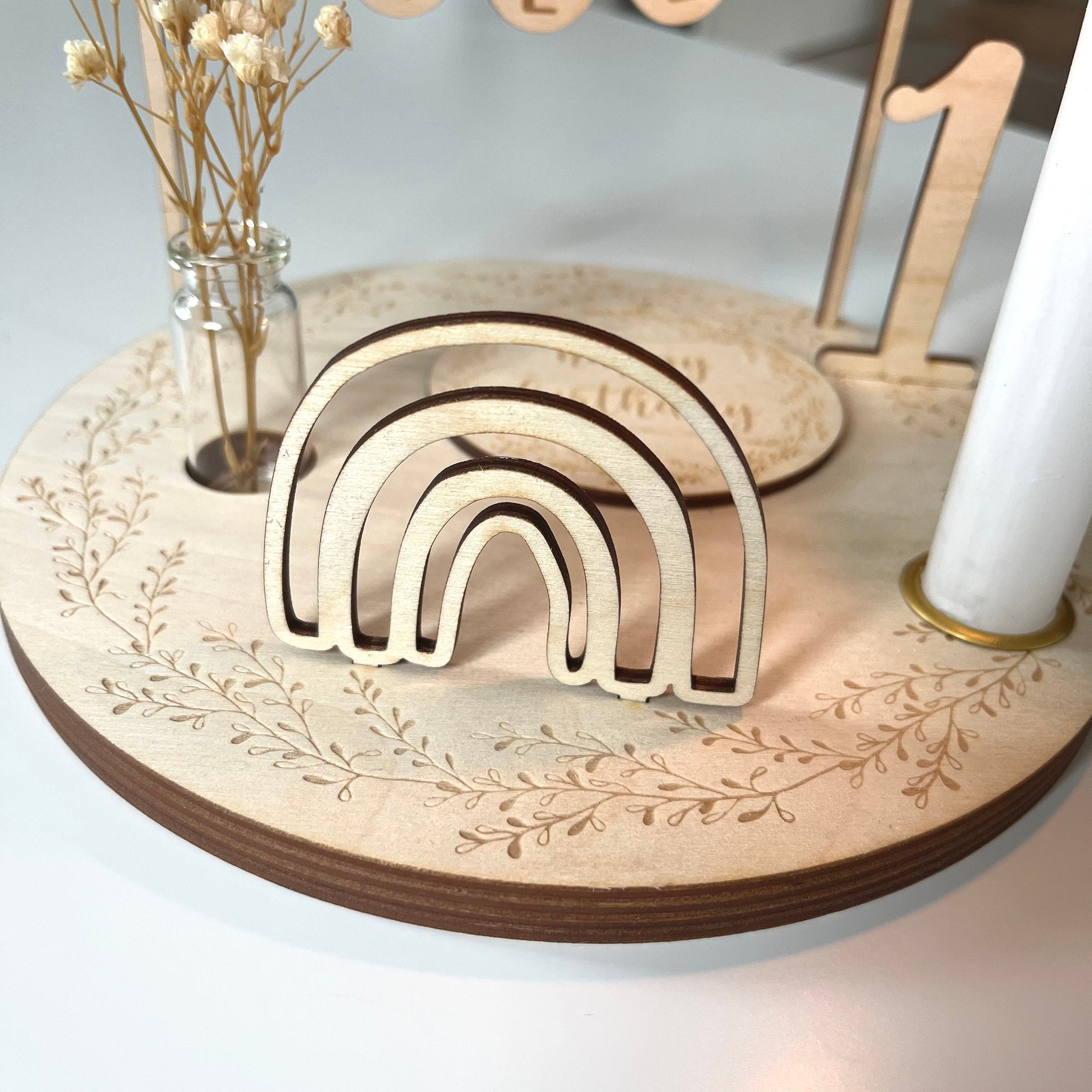 Personalisierter Geburtstagsteller mit Vase und Kerze und Blätterkranz, Kerzenplatte, Geburtstagsbrettchen, Geburtstagskranz, Tischdeko