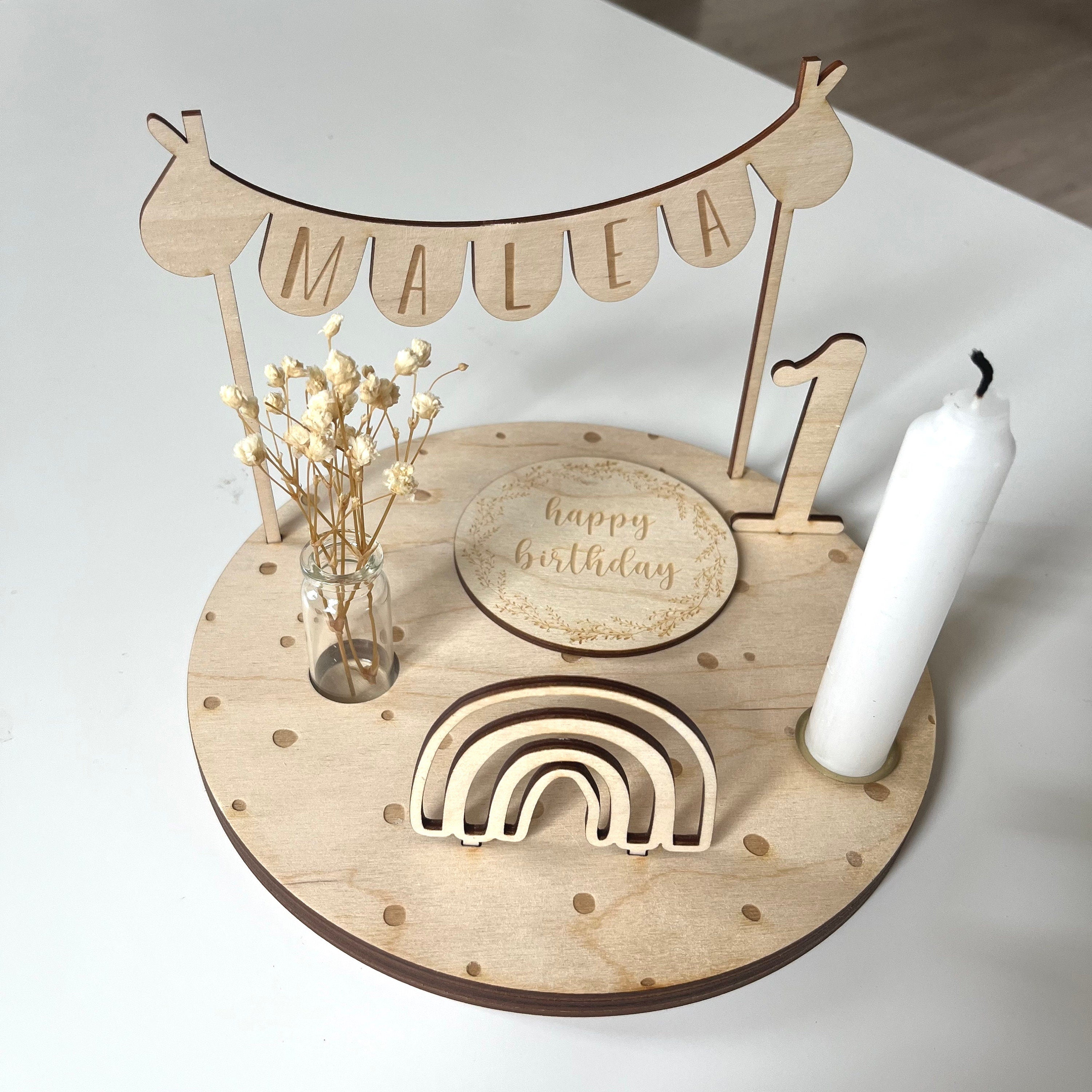 Personalisierter Geburtstagsteller mit Vase und Kerze und Punkten, Kerzenplatte, Geburtstagsbrettchen, Geburtstagskranz, Tischdeko
