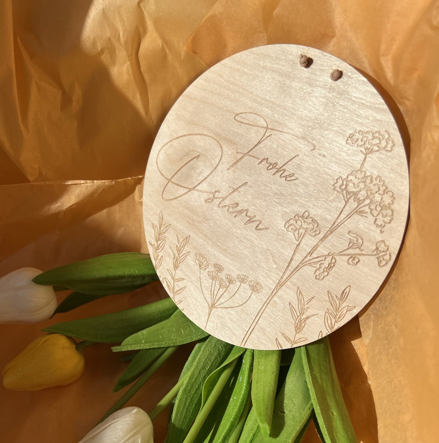 Türschild Ostern, Frohe Ostern Schild mit Blumen, Holzschild Osterdeko
