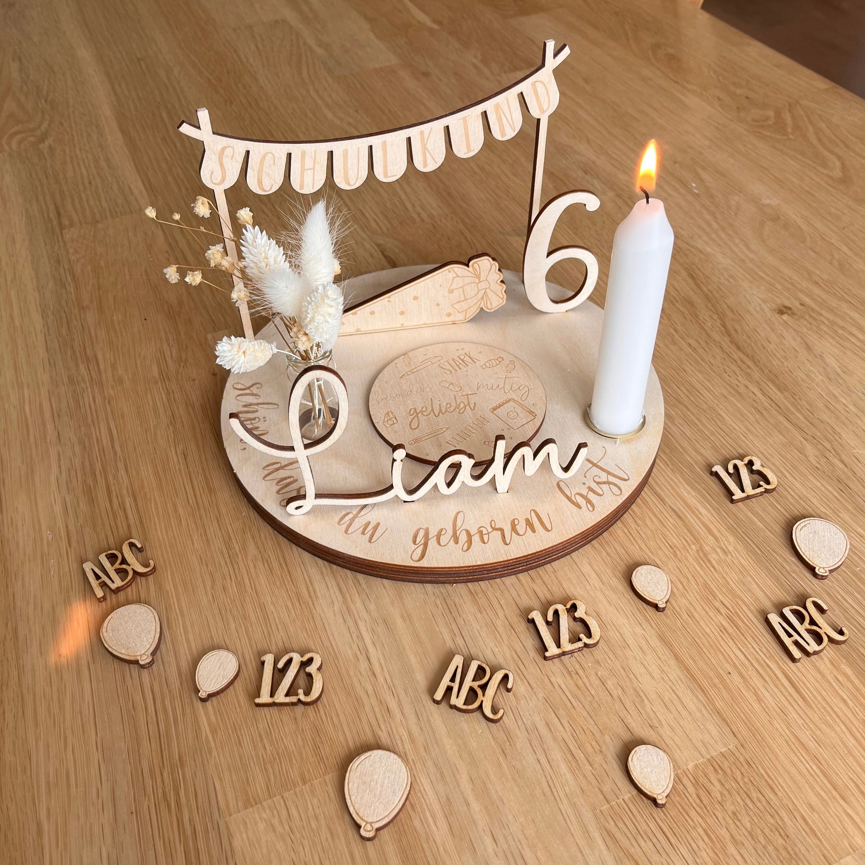 Schulkind Teller, Schulstart Zubehör für Personalisierter Geburtstagsteller mit Vase und Kerze, Kerzenplatte, Geburtstagsbrett, Einschulung