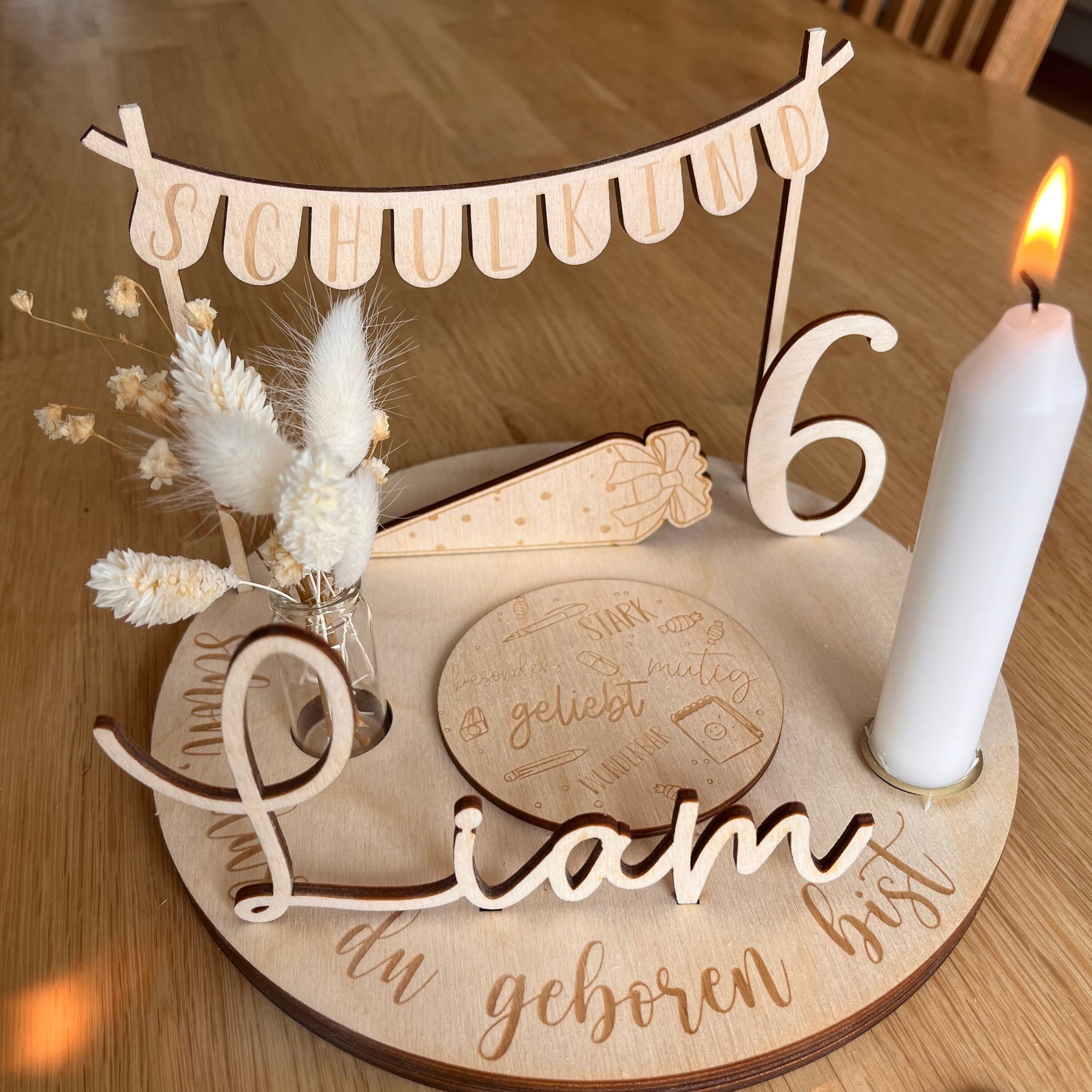 Schulkind Teller, Schulstart Zubehör für Personalisierter Geburtstagsteller mit Vase und Kerze, Kerzenplatte, Geburtstagsbrett, Einschulung