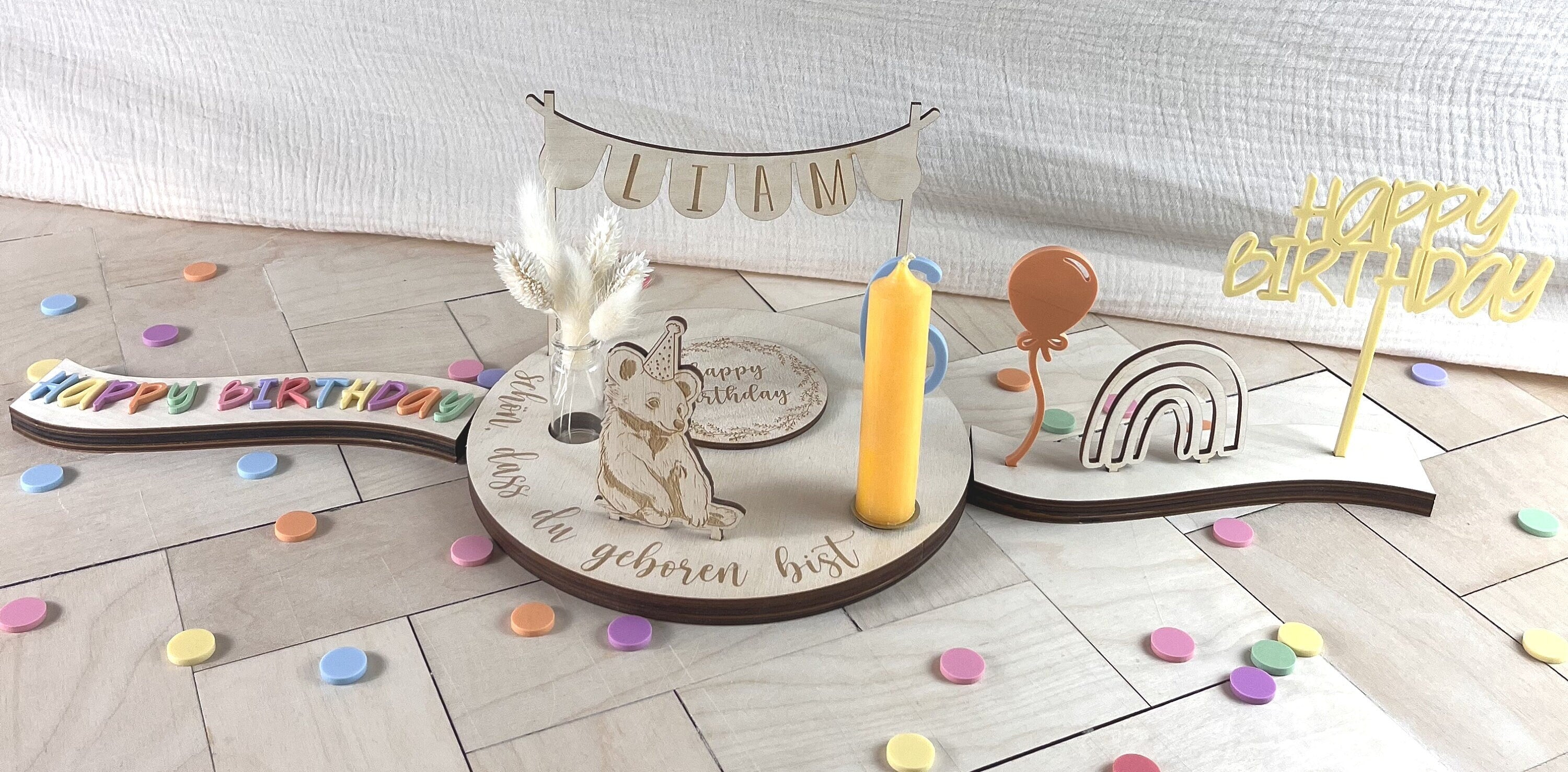 Geburtstagsteller "Wavy" bunt, Geburtstagsplatte Tischdekoration, Geburtstagsdeko