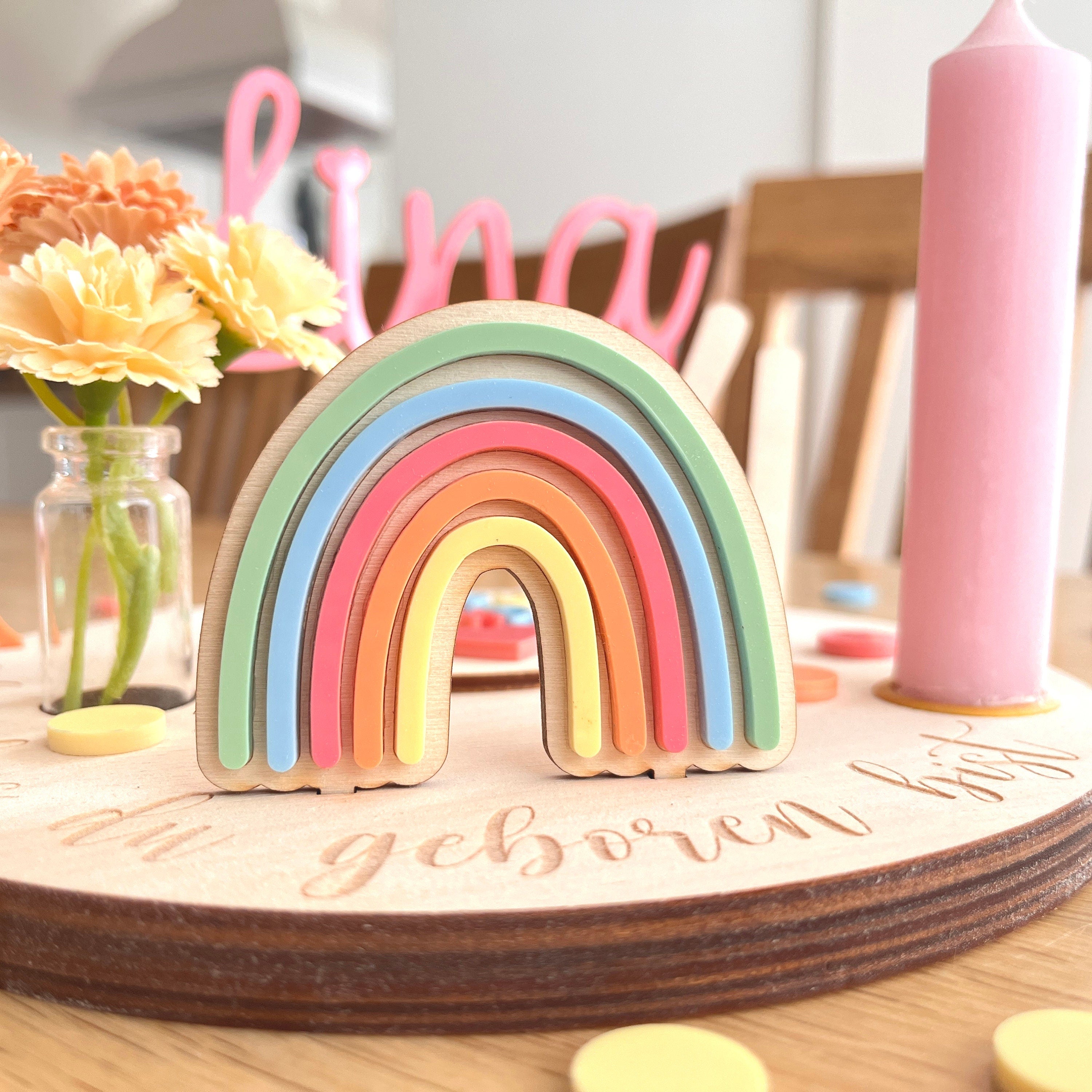 Personalisierter Geburtstagsteller für Zwillinge mit farbigen Namen, Geburtstagsteller bunt mit Vase und Kerze, Kerzenplatte