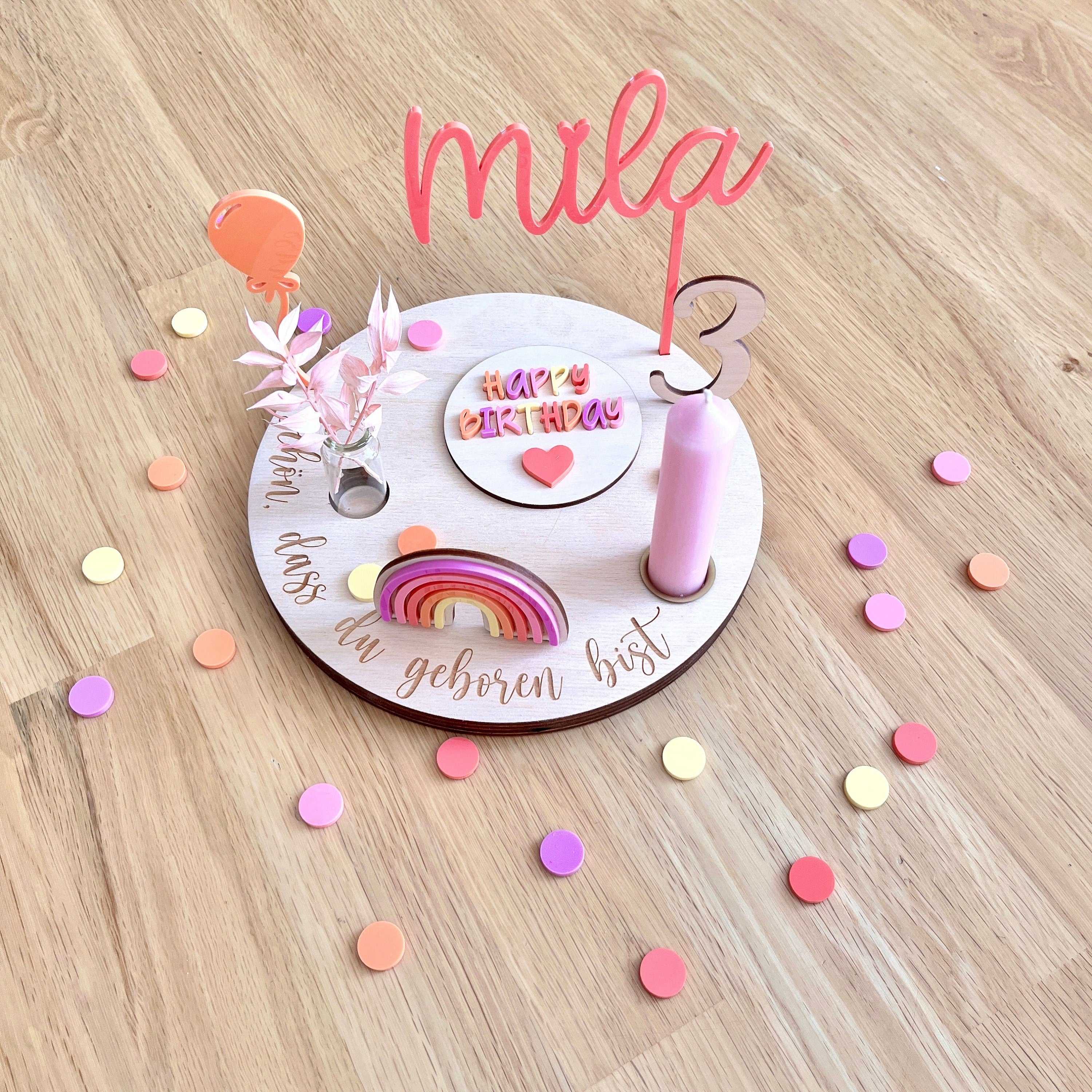 Personalisierter Geburtstagsteller „Think Pink“ mit Vase und Kerze, Kerzenplatte, Geburtstagsbrettchen, Geburtstagskranz
