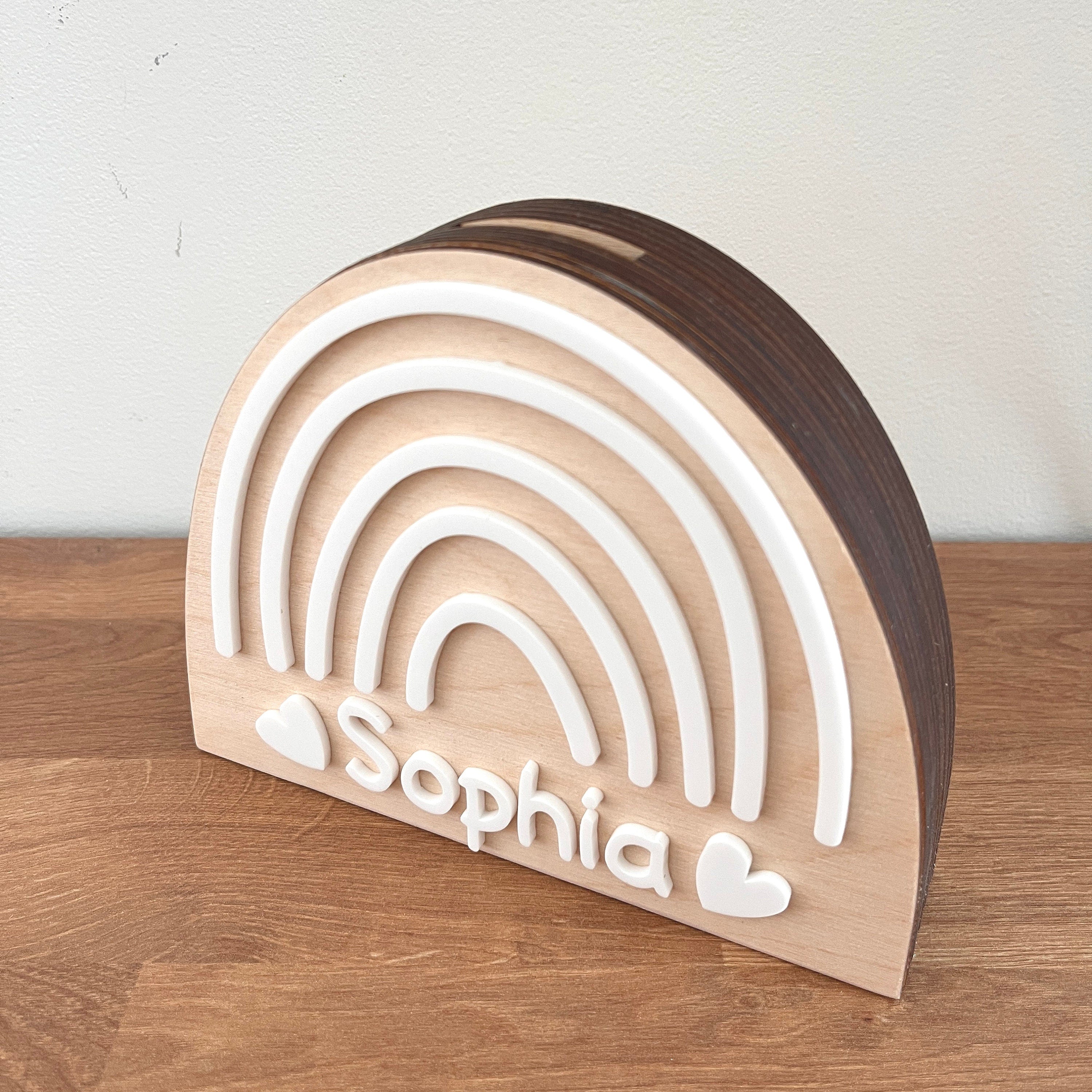 Spardose Regenbogen personalisiert, Spardose Regenbogen Holz