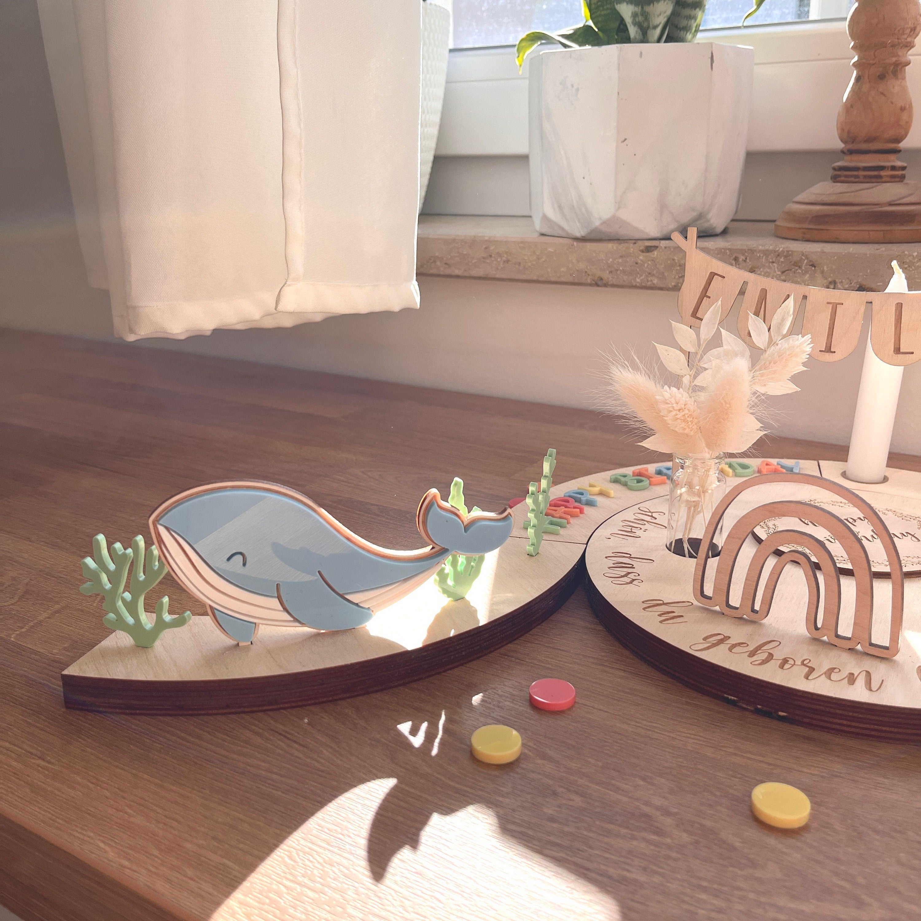 Personalisierter Geburtstagsteller mit Vase und Kerze, Kerzenplatte, Geburtstagsbrettchen, Geburtstagstafel, Geburtstagskranz, Tischdeko