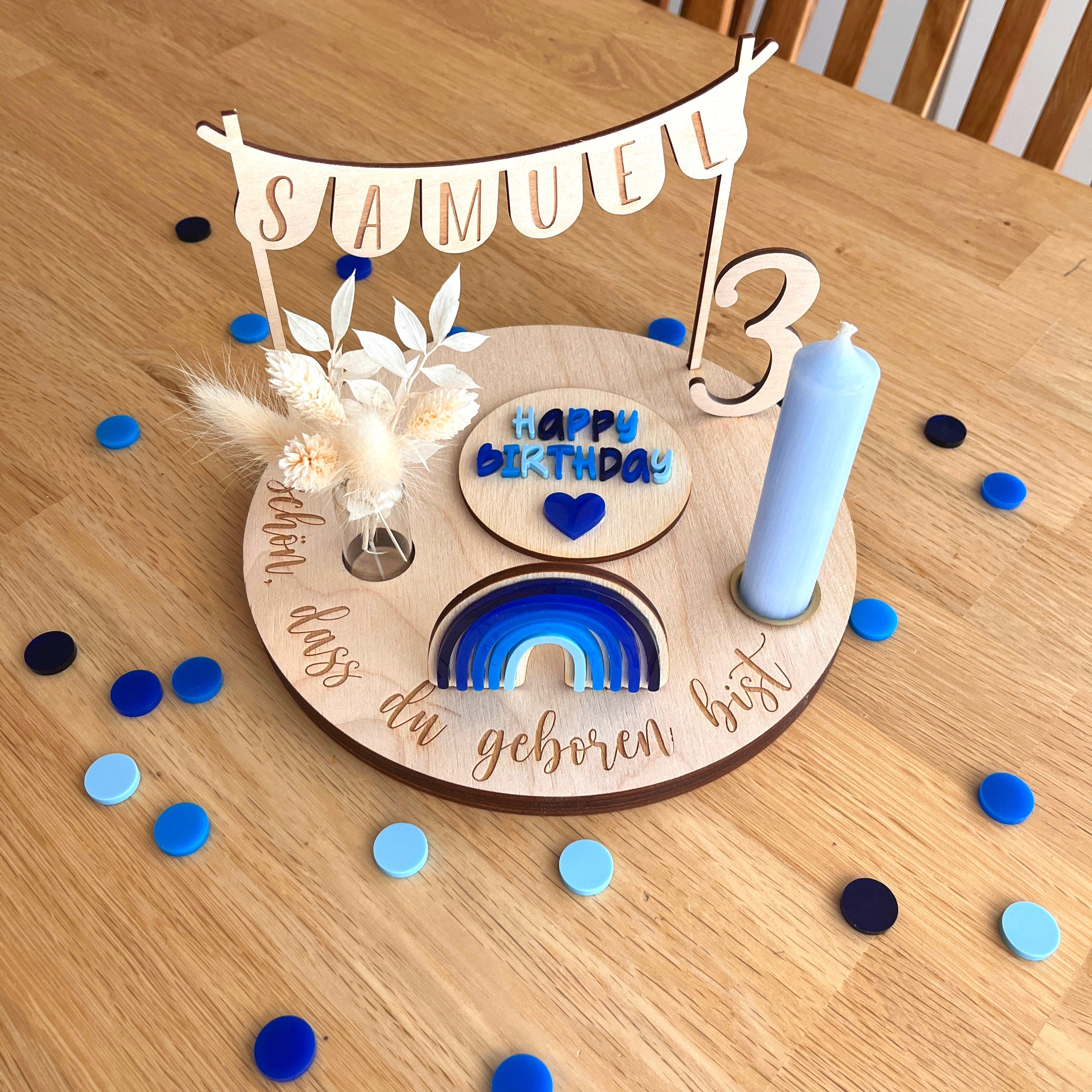Personalisierter Geburtstagsteller blau mit Vase und Kerze, "Blue Delight" Kerzenplatte, Geburtstagsbrettchen, Geburtstagskranz