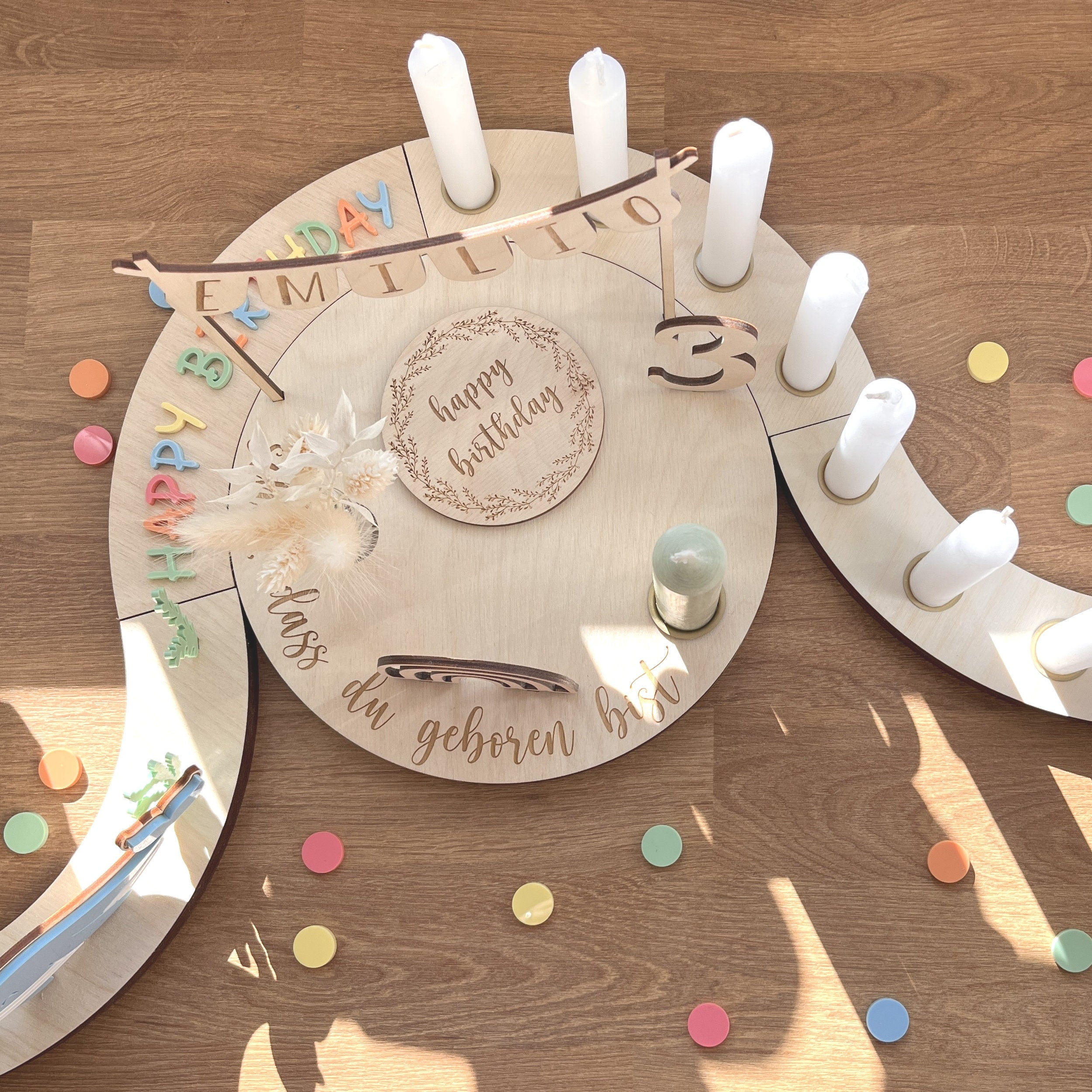 Personalisierter Geburtstagsteller mit Vase und Kerze, Kerzenplatte, Geburtstagsbrettchen, Geburtstagstafel, Geburtstagskranz, Tischdeko