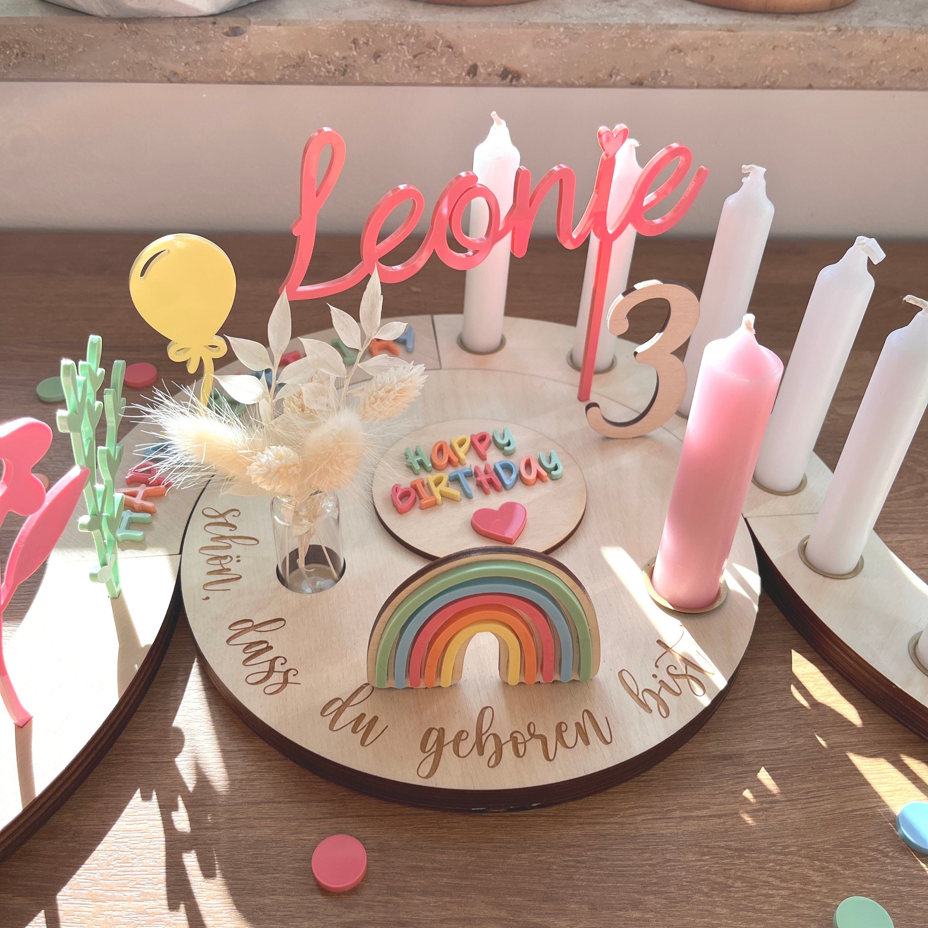 Personalisierter Geburtstagsteller mit Vase und Kerze, Kerzenplatte, Geburtstagsbrettchen, Geburtstagstafel, Geburtstagskranz, Tischdeko