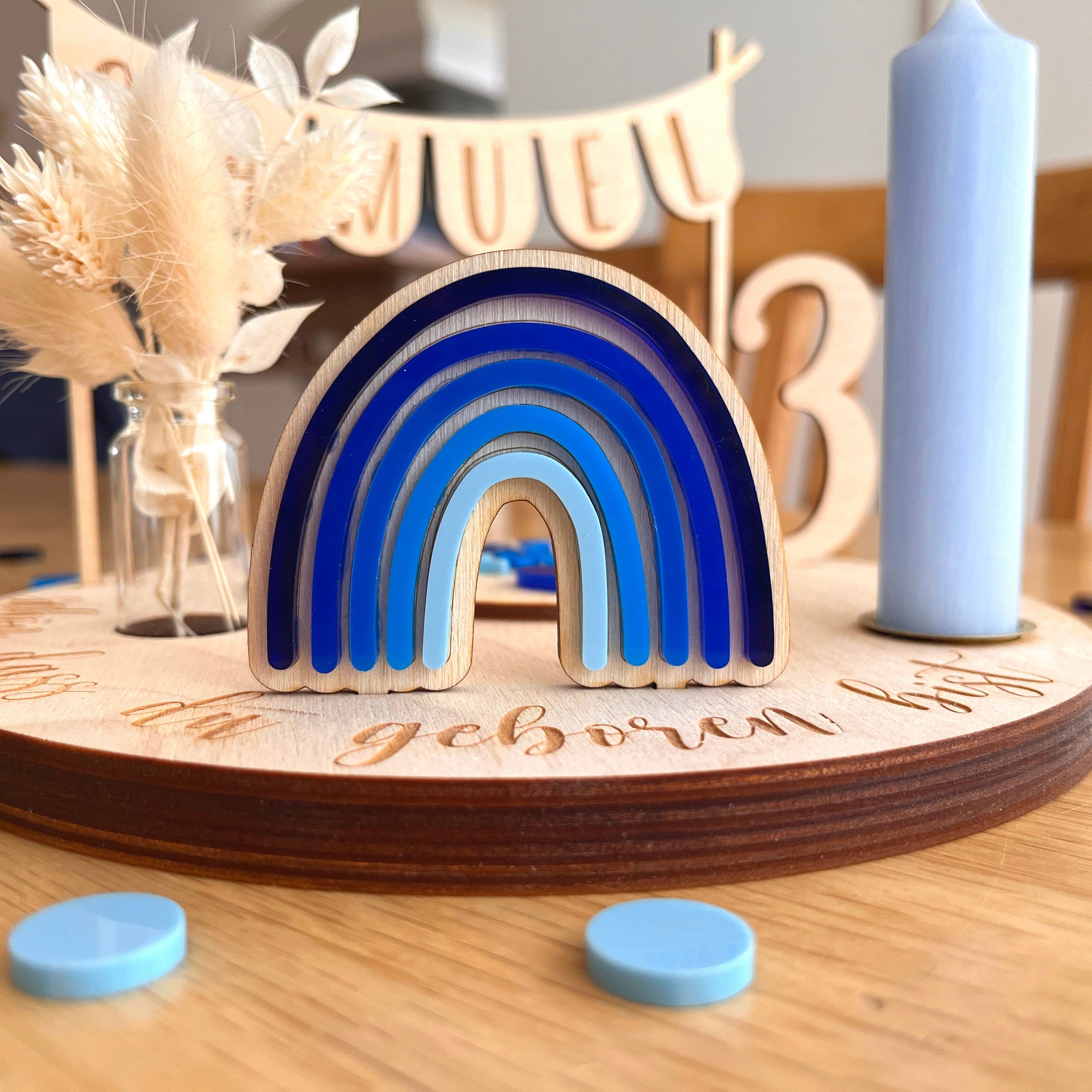 Personalisierter Geburtstagsteller blau mit Vase und Kerze, "Blue Delight" Kerzenplatte, Geburtstagsbrettchen, Geburtstagskranz