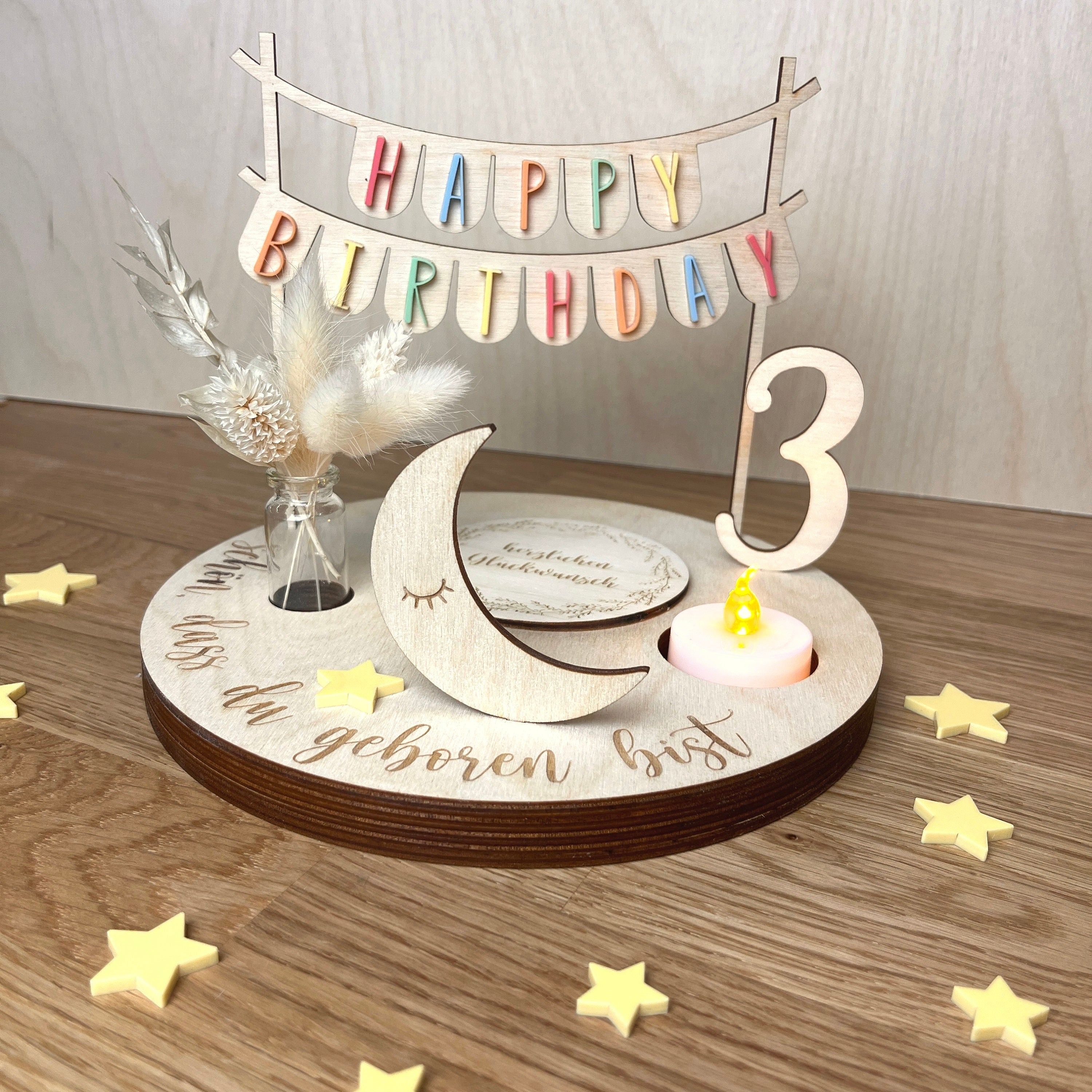 Personalisierter Geburtstagsteller mit Vase und Teelicht, Kerzenplatte, Geburtstagsbrettchen, Geburtstagstafel,