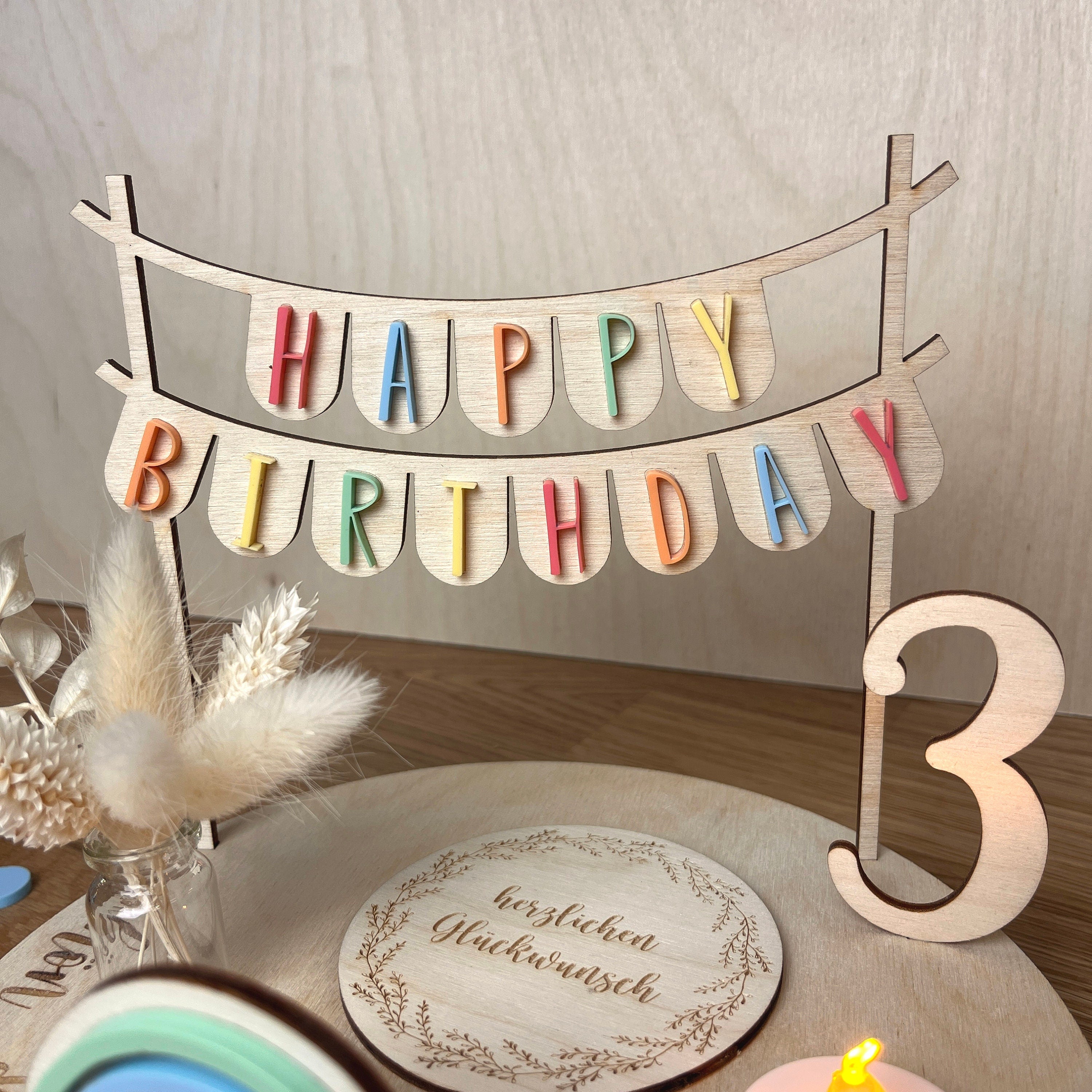 Personalisierter Geburtstagsteller mit Vase und Teelicht, Kerzenplatte, Geburtstagsbrettchen, Geburtstagstafel,