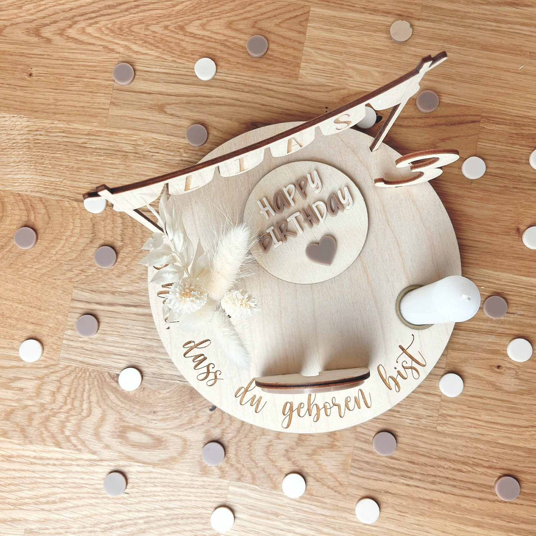 Personalisierter Geburtstagsteller nude mit Vase und Kerze, Kerzenplatte, Geburtstagsbrettchen, Geburtstagskranz