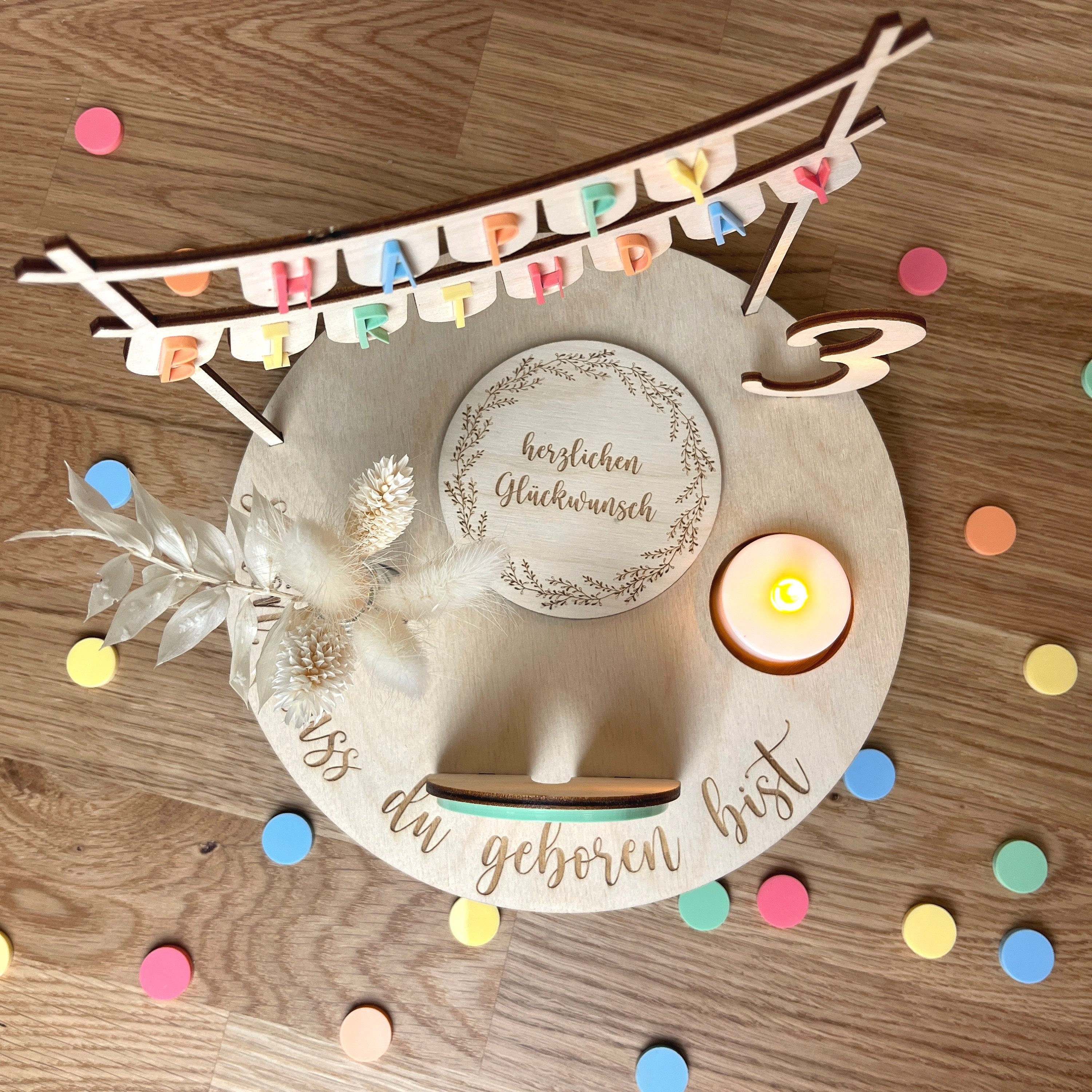 Personalisierter Geburtstagsteller bunt mit Vase und Teelicht, Kerzenplatte, Geburtstagsbrettchen, Geburtstagstafel, Geburtstagskranz
