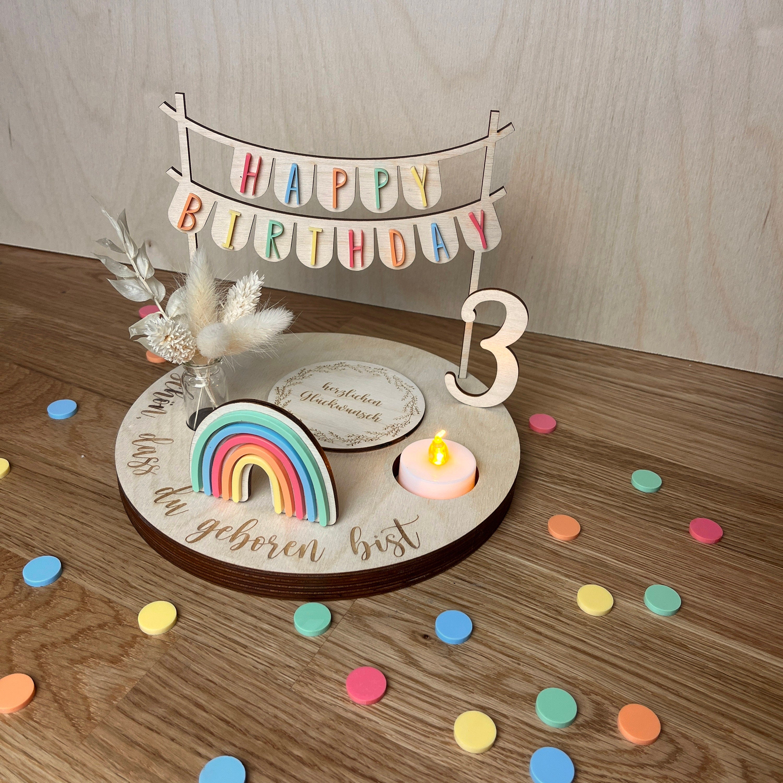 Personalisierter Geburtstagsteller bunt mit Vase und Teelicht, Kerzenplatte, Geburtstagsbrettchen, Geburtstagstafel, Geburtstagskranz