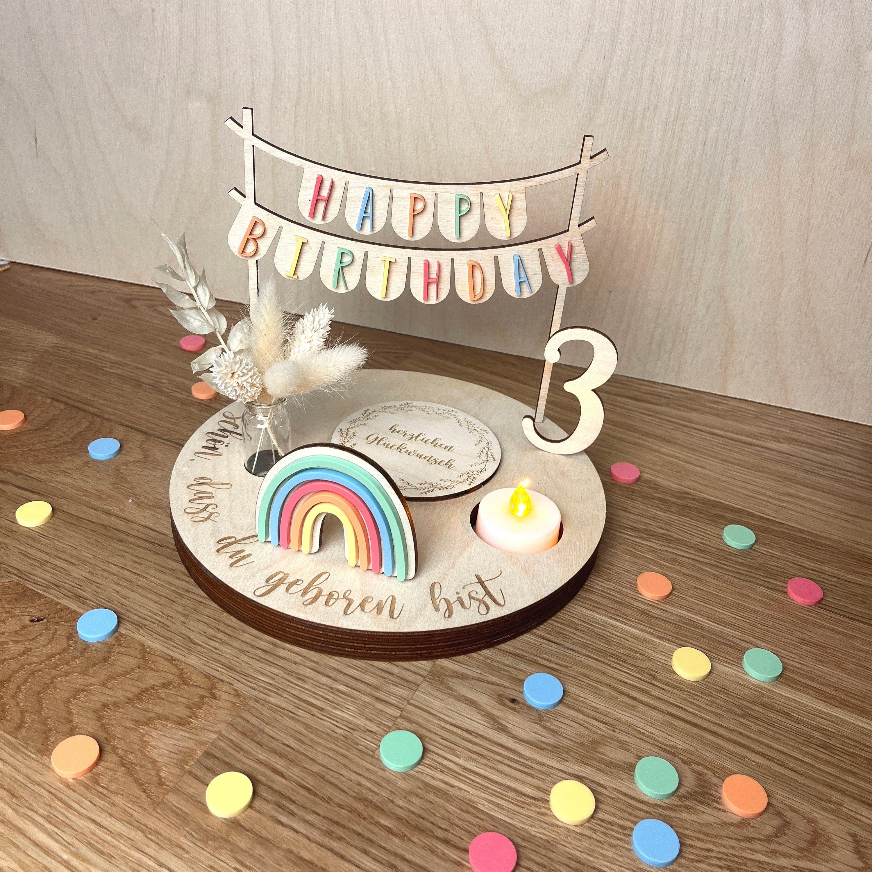 Personalisierter Geburtstagsteller bunt mit Vase und Teelicht, Kerzenplatte, Geburtstagsbrettchen, Geburtstagstafel, Geburtstagskranz