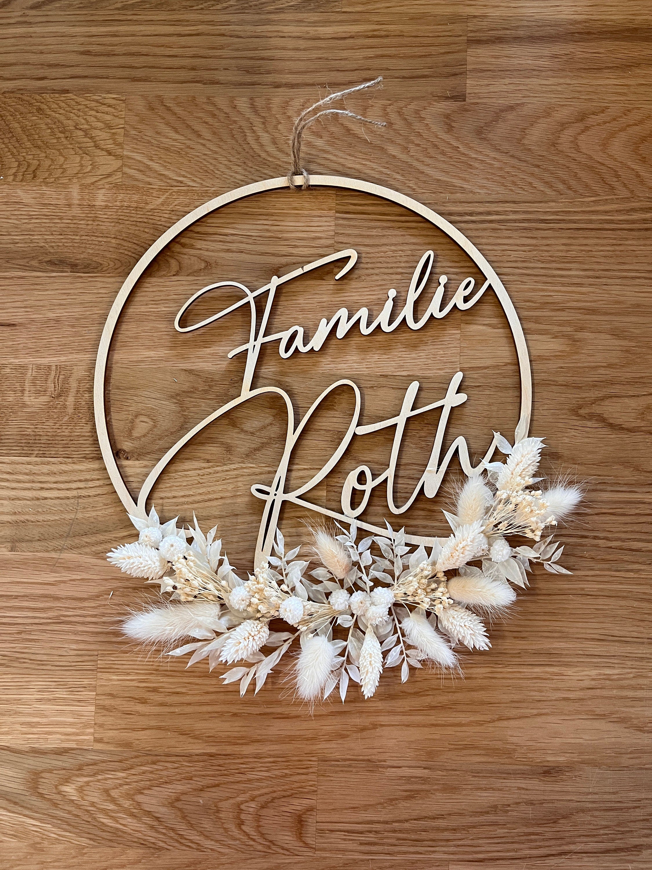 Trockenblumenkranz mit Familienname, Einzgusgeschenk, Hochzeitsgeschenk Trockenblumenkranz