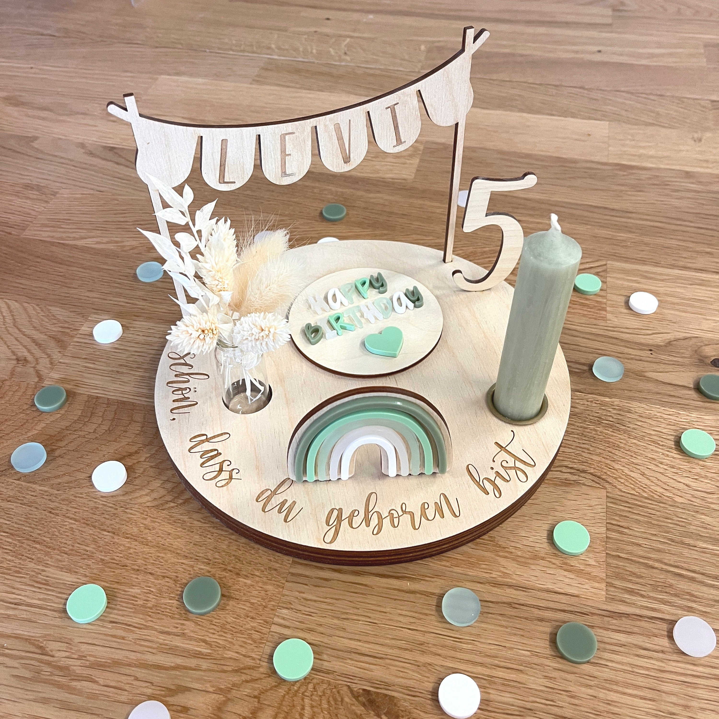 Personalisierter Geburtstagsteller pastellgrün mit Vase und Kerze, Kerzenplatte, Geburtstagsbrettchen, Geburtstagstafel, Geburtstagskranz