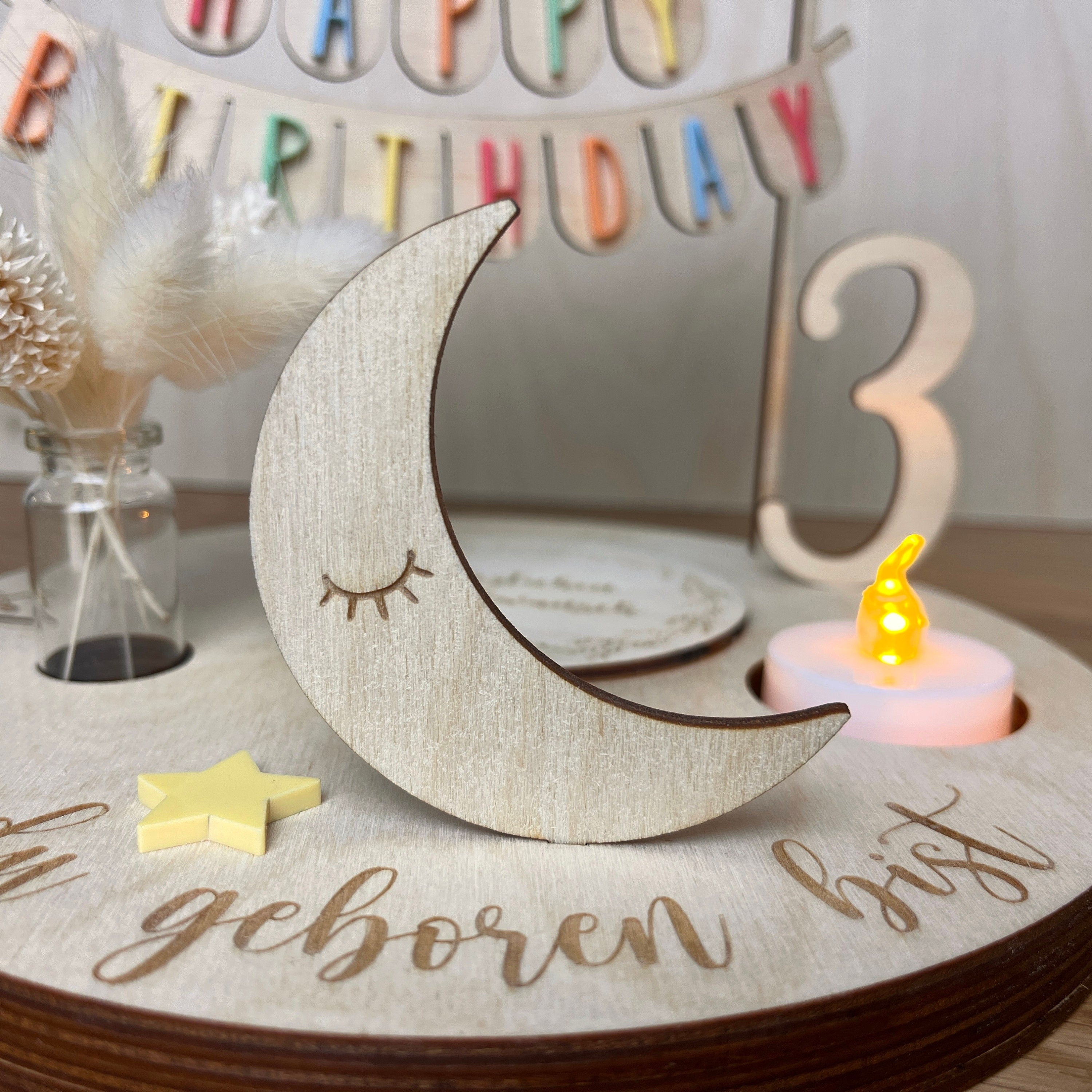 Personalisierter Geburtstagsteller mit Vase und Teelicht, Kerzenplatte, Geburtstagsbrettchen, Geburtstagstafel,
