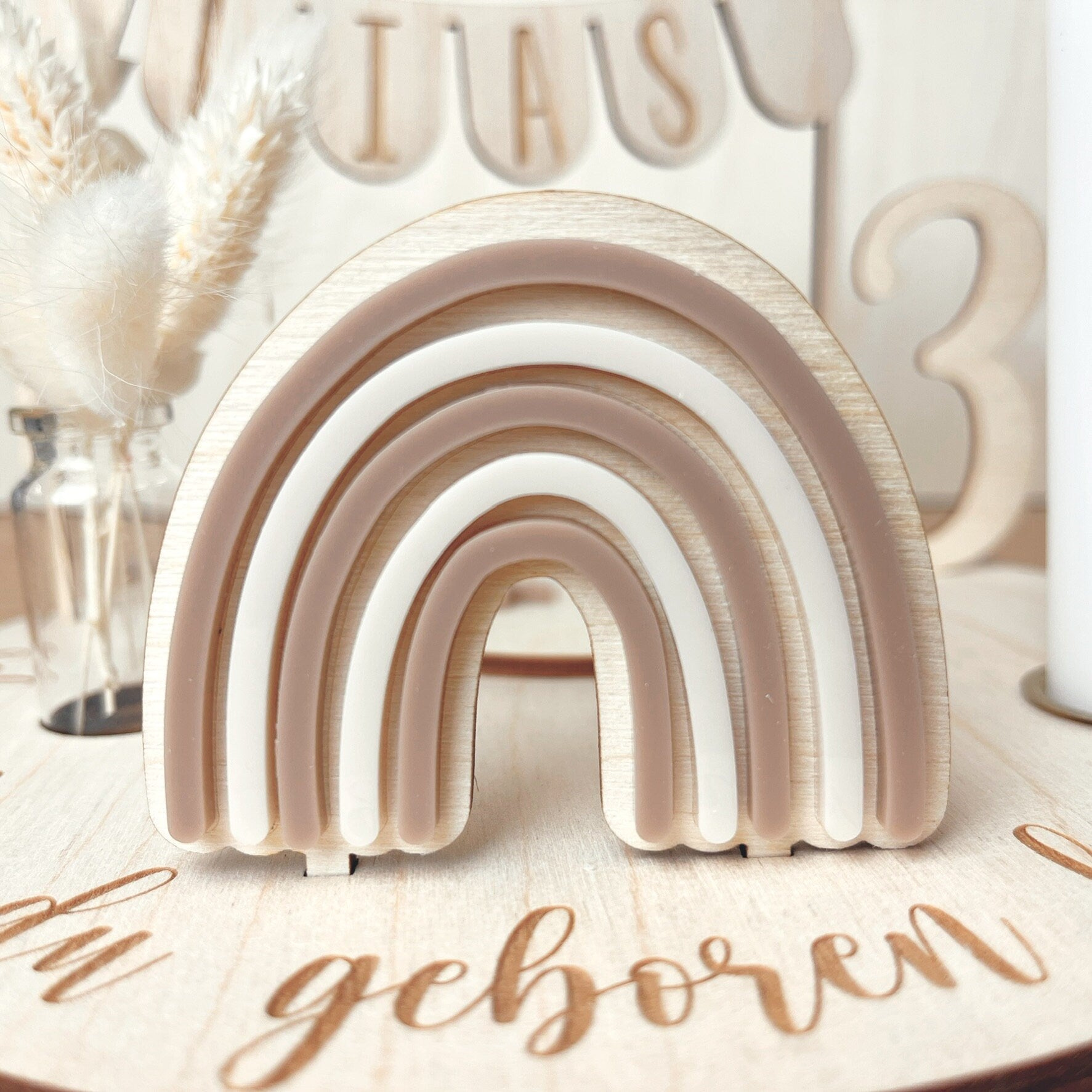 Personalisierter Geburtstagsteller nude mit Vase und Kerze, Kerzenplatte, Geburtstagsbrettchen, Geburtstagskranz