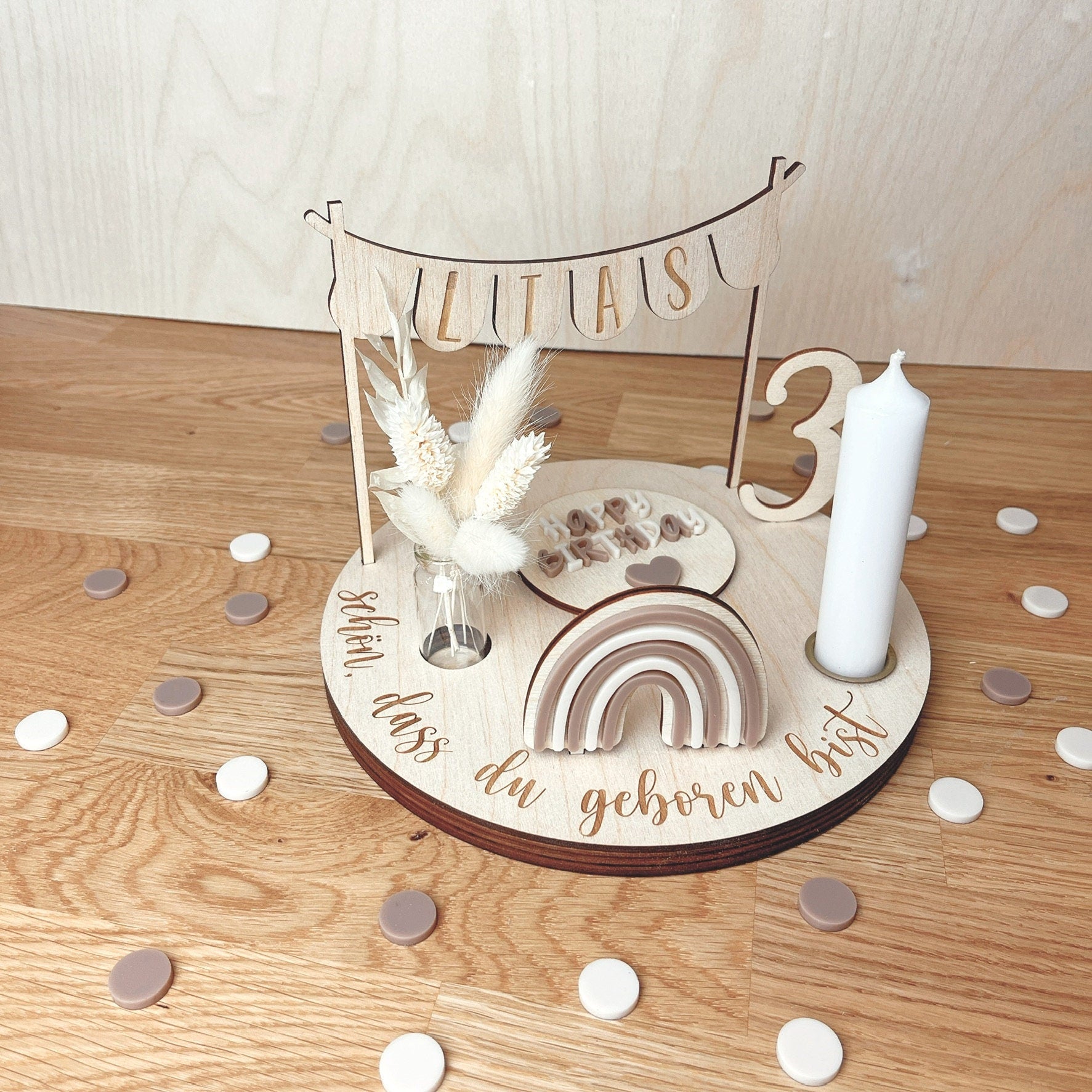 Personalisierter Geburtstagsteller nude mit Vase und Kerze, Kerzenplatte, Geburtstagsbrettchen, Geburtstagskranz