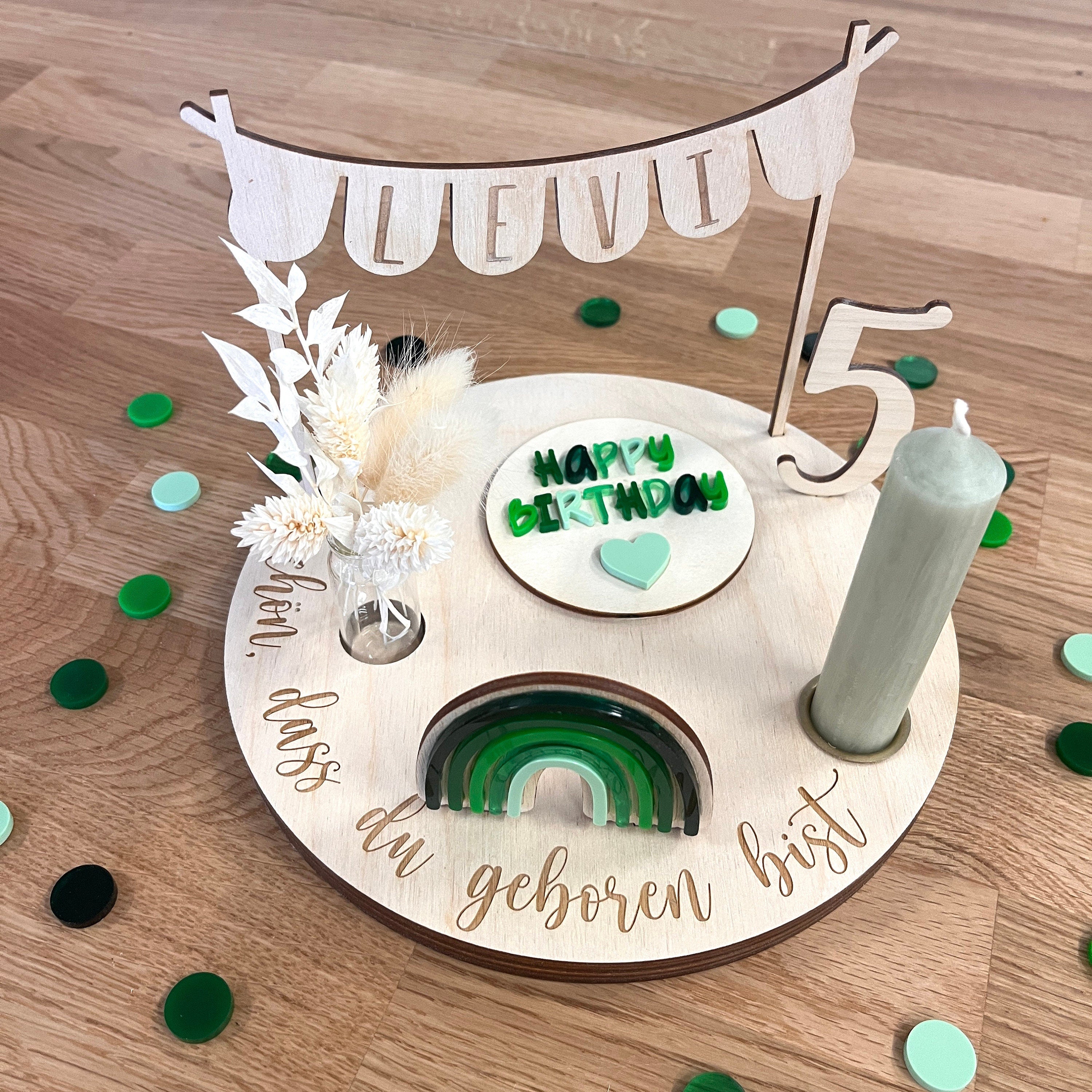 Personalisierter Geburtstagsteller grün mit Vase und Kerze, Kerzenplatte, Geburtstagsbrettchen, Geburtstagstafel, Geburtstagskranz