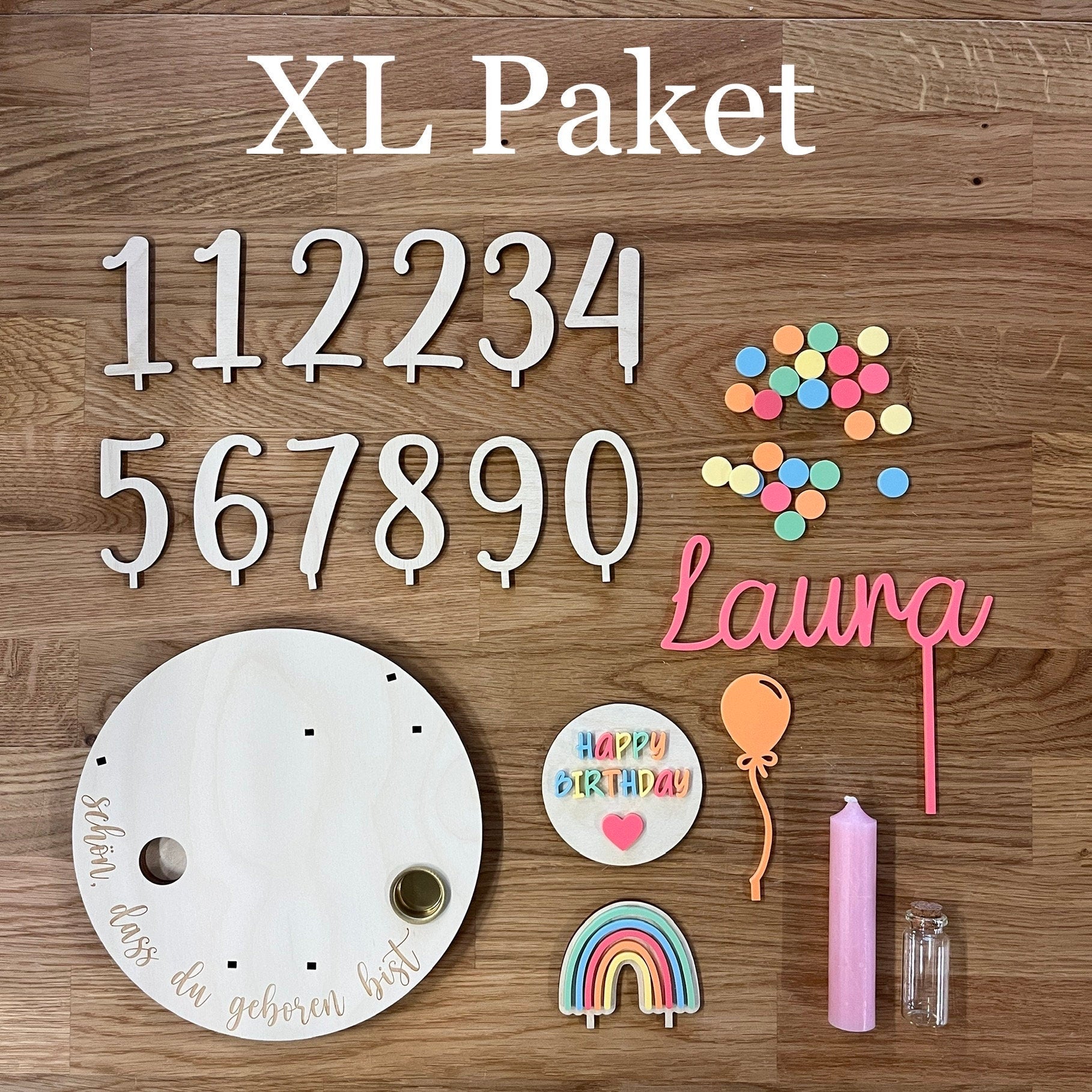 Personalisierter Geburtstagsteller bunt mit Vase und Kerze, Kerzenplatte, Geburtstagsbrettchen, Geburtstagstafel, Geburtstagskranz