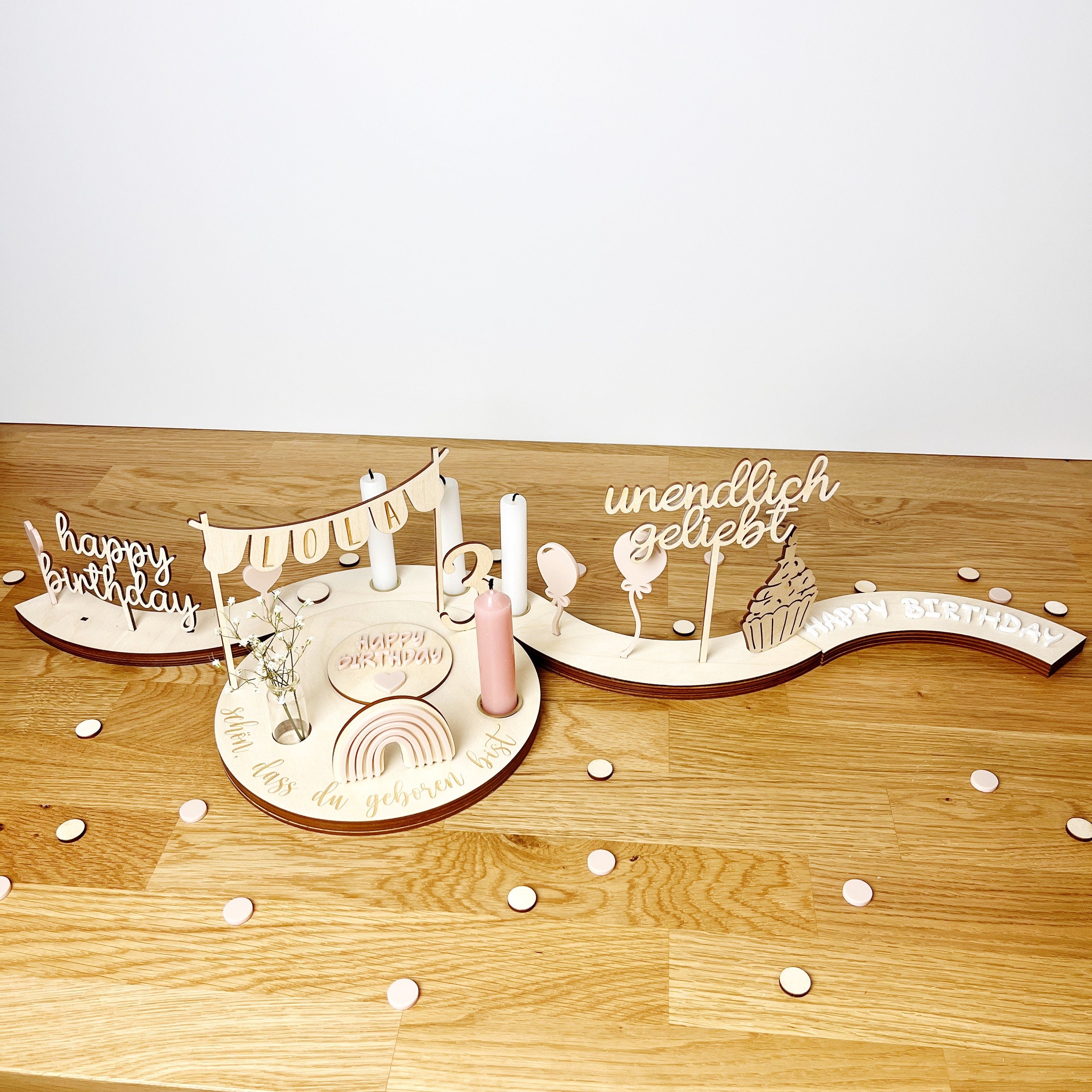 Personalisierter Geburtstagsteller rosé mit Vase und Kerze, Kerzenplatte, Geburtstagsbrettchen, Geburtstagstafel, Geburtstagskranz