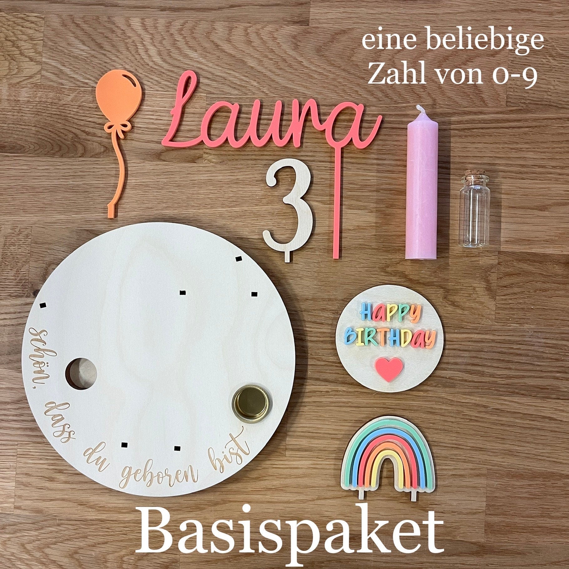 Personalisierter Geburtstagsteller bunt mit Vase und Kerze, Kerzenplatte, Geburtstagsbrettchen, Geburtstagstafel, Geburtstagskranz