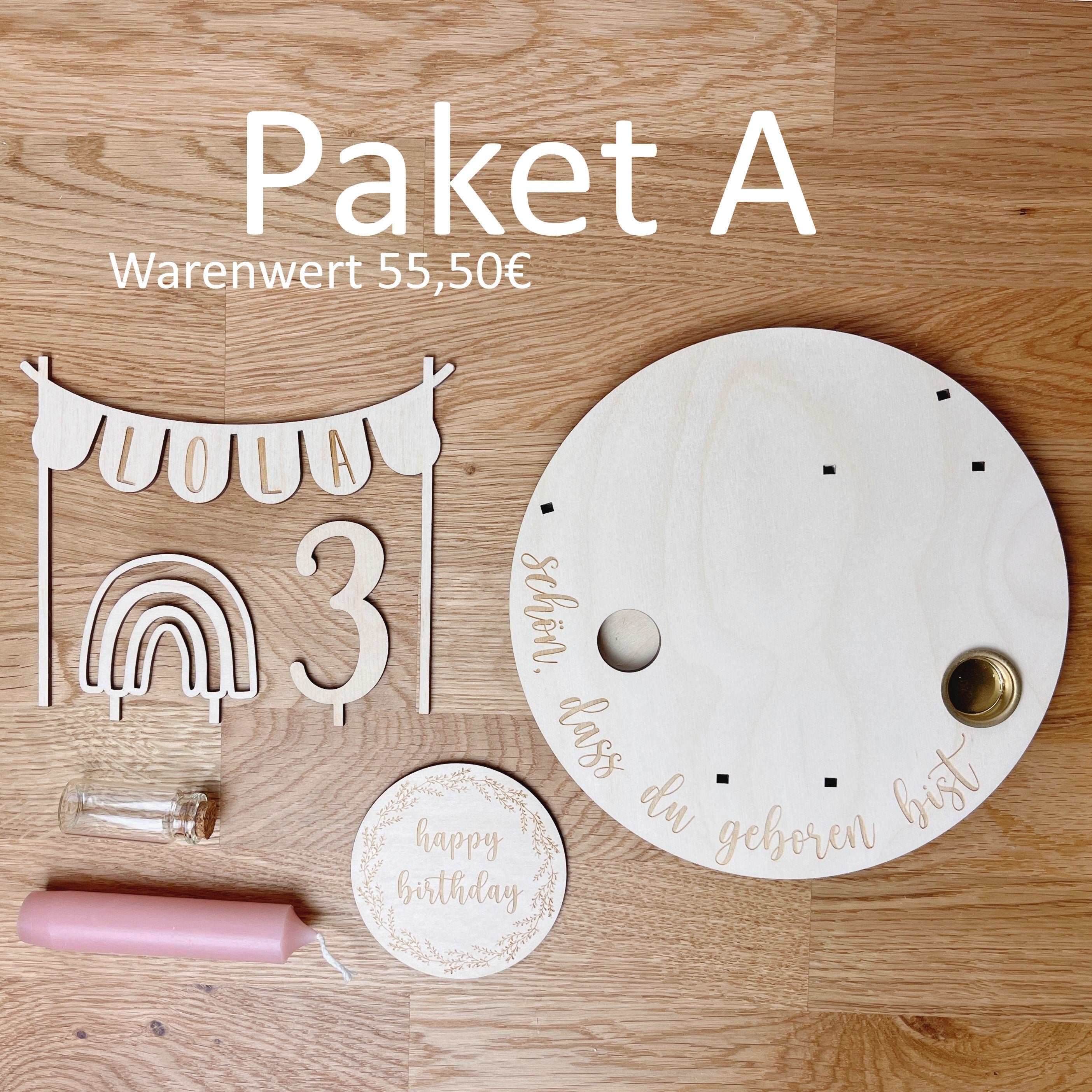 Personalisierter Geburtstagsteller rosé mit Vase und Kerze, Kerzenplatte, Geburtstagsbrettchen, Geburtstagstafel, Geburtstagskranz