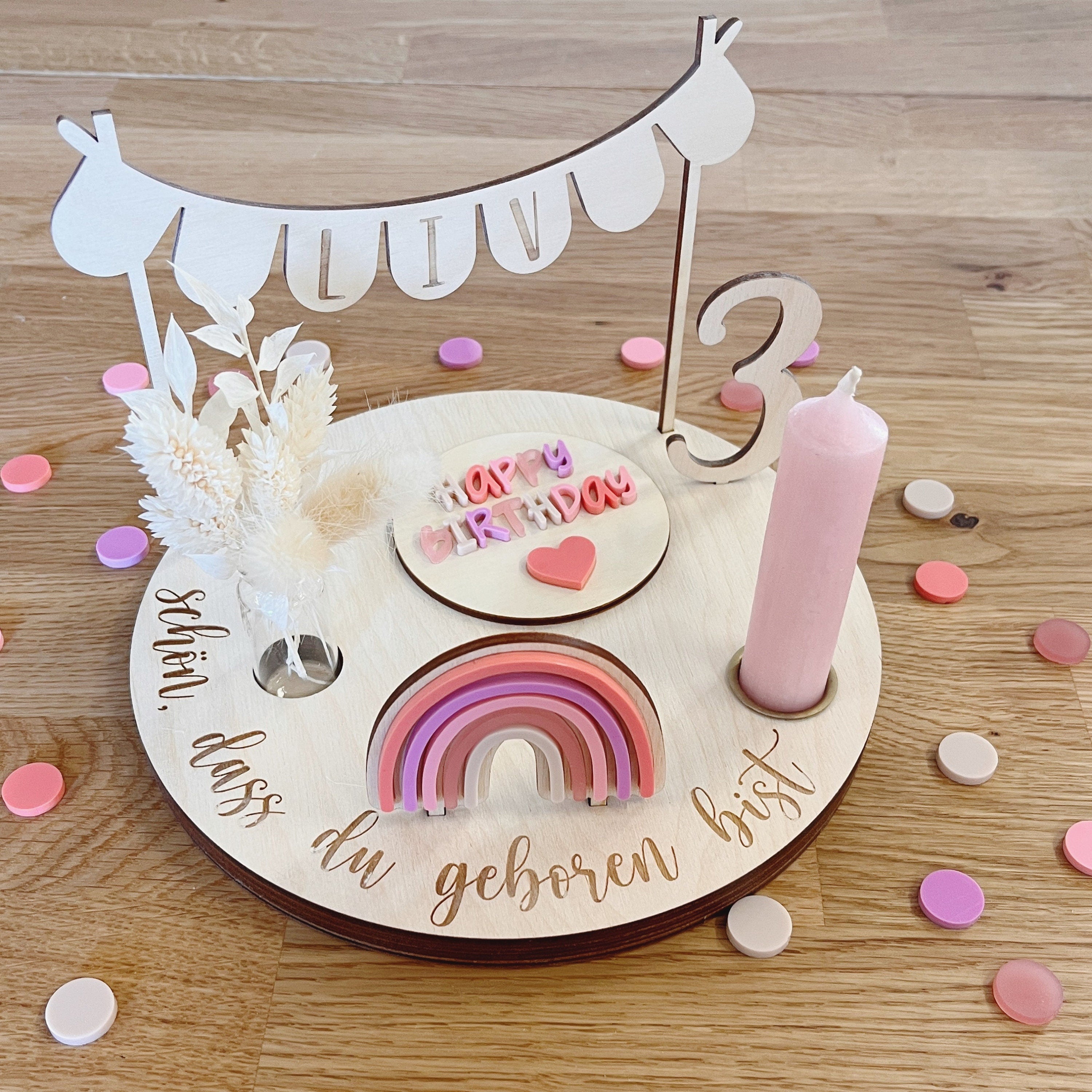 Personalisierter Geburtstagsteller „Think Pink“ mit Vase und Kerze, Kerzenplatte, Geburtstagsbrettchen, Geburtstagskranz