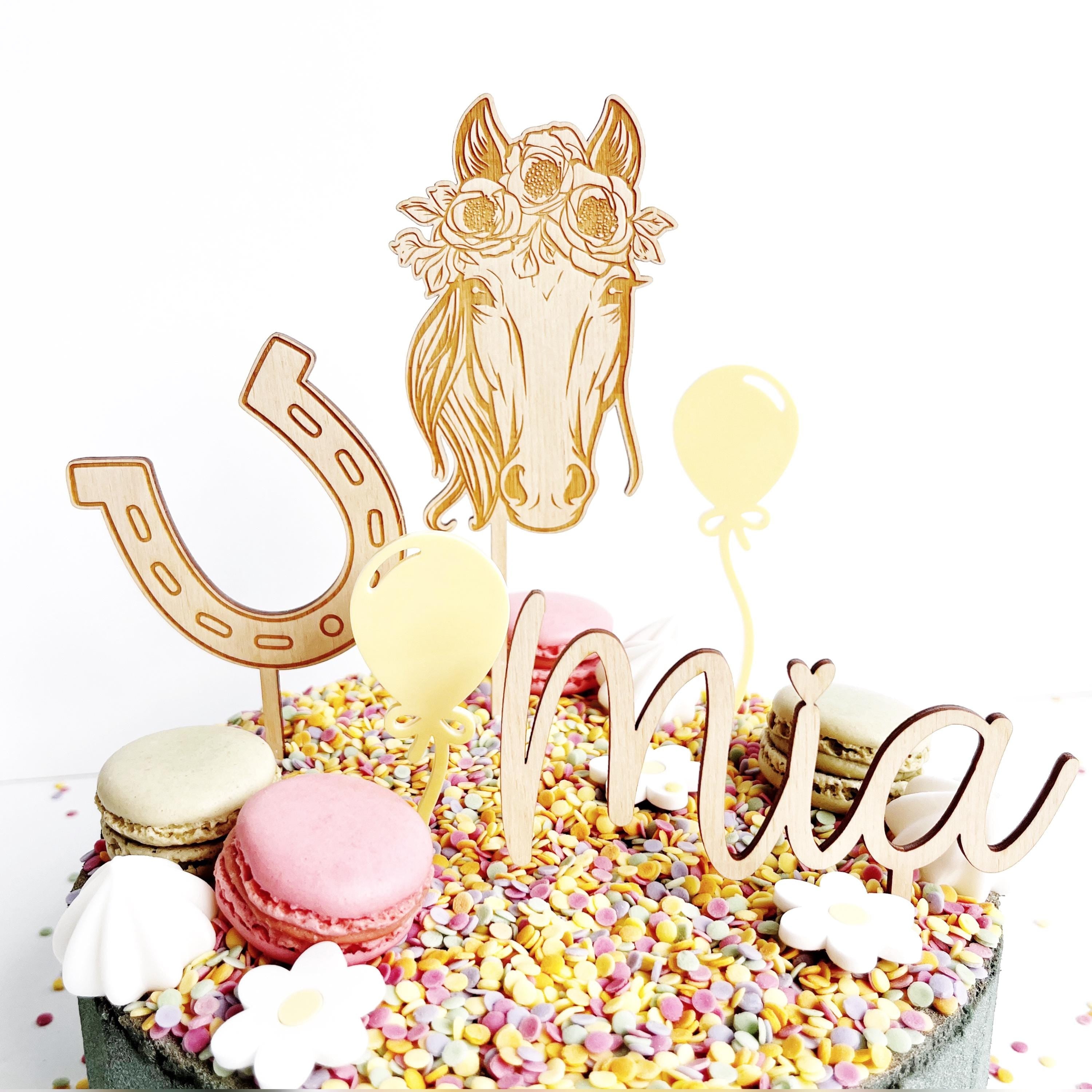 Caketopper Set Pferd mit Hufeisen und Namen, Caketopper für Geburtstag, Tortendekoration