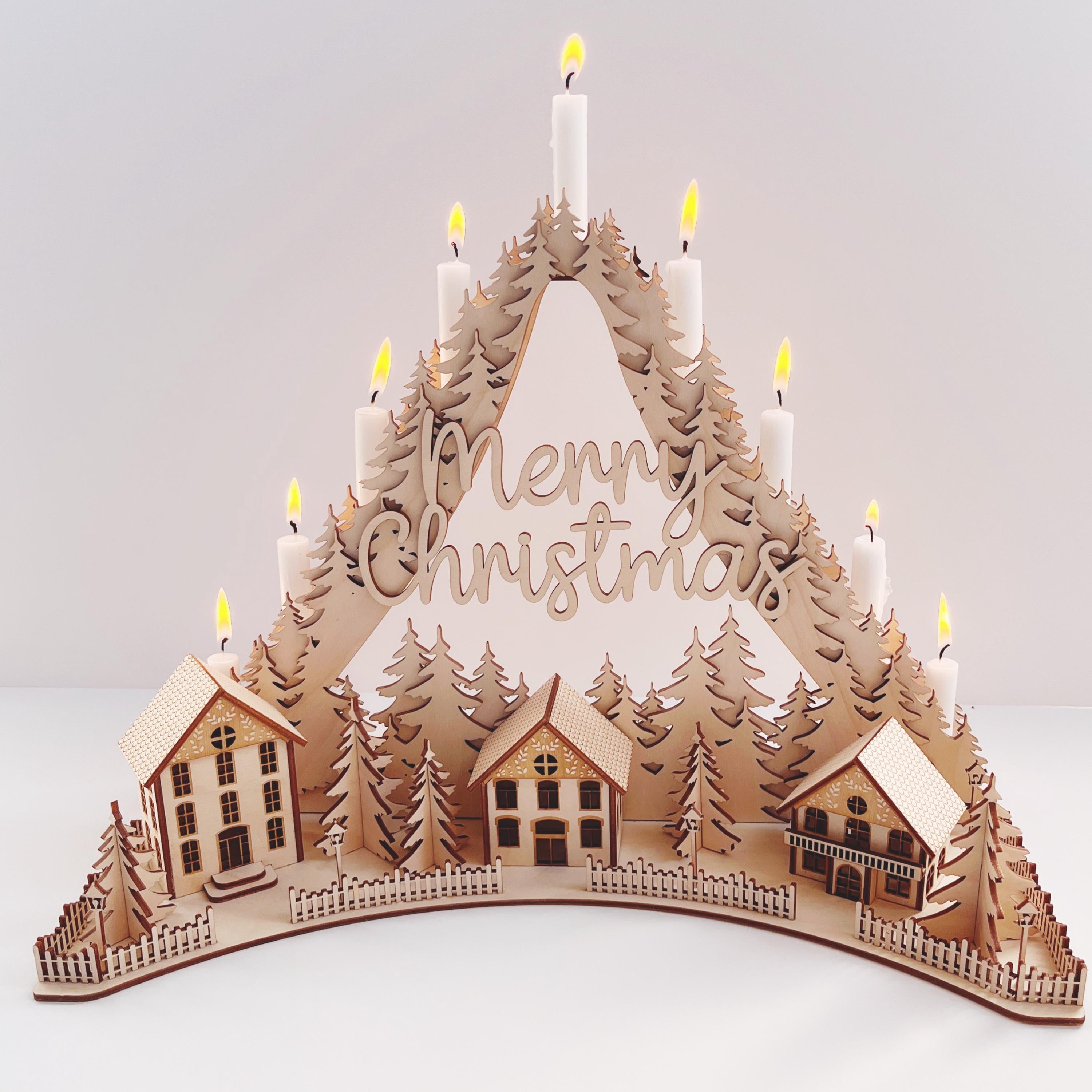 Weihnachtsdeko Holz, Handgefertigter Schwibbogen "Merry Christmas" – Weihnachtspyramide, Weihnachtsbogen, Weihnachtsdekoration aus Holz