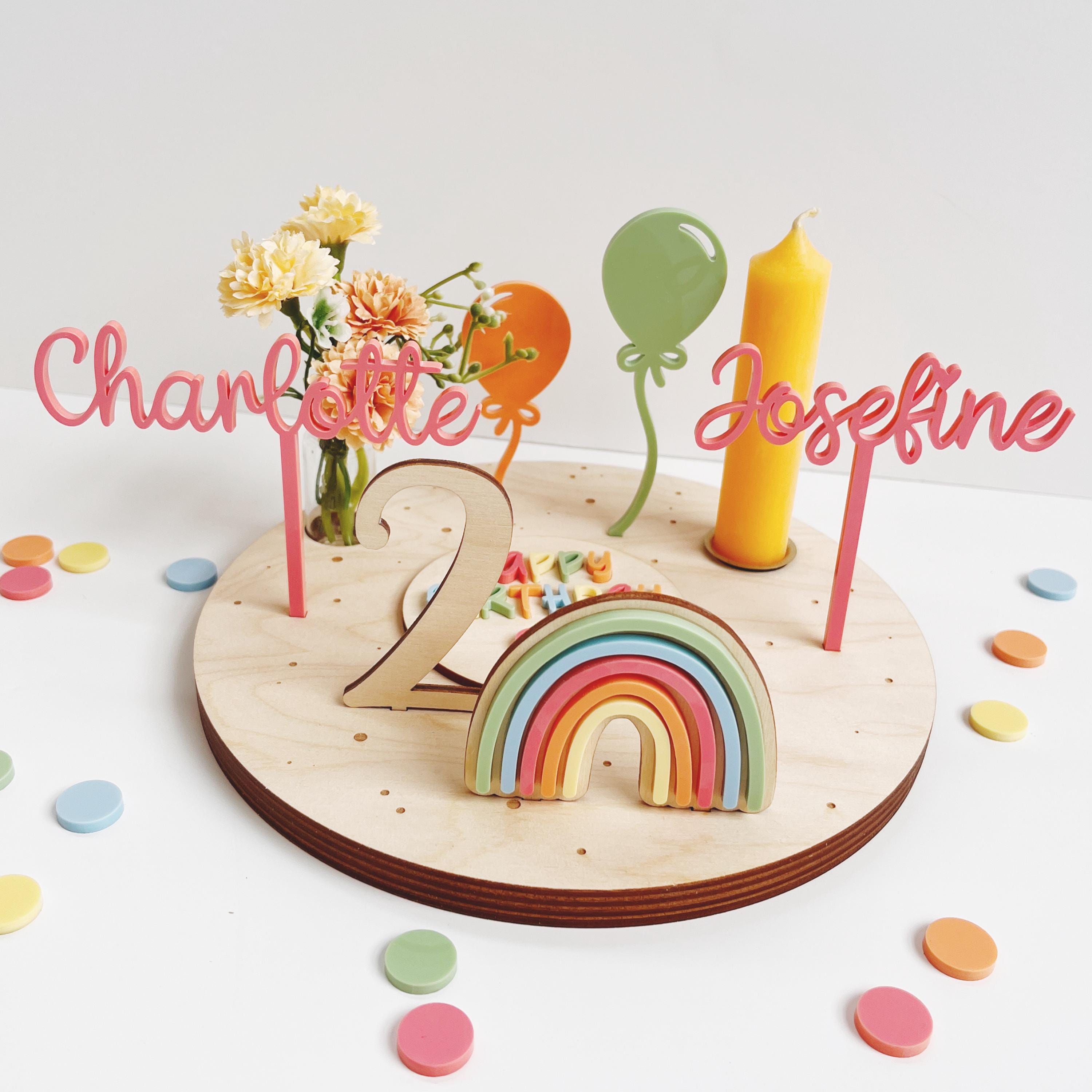 Personalisierter Geburtstagsteller für Zwillinge mit farbigen Namen, Geburtstagsteller bunt mit Vase und Kerze, Kerzenplatte