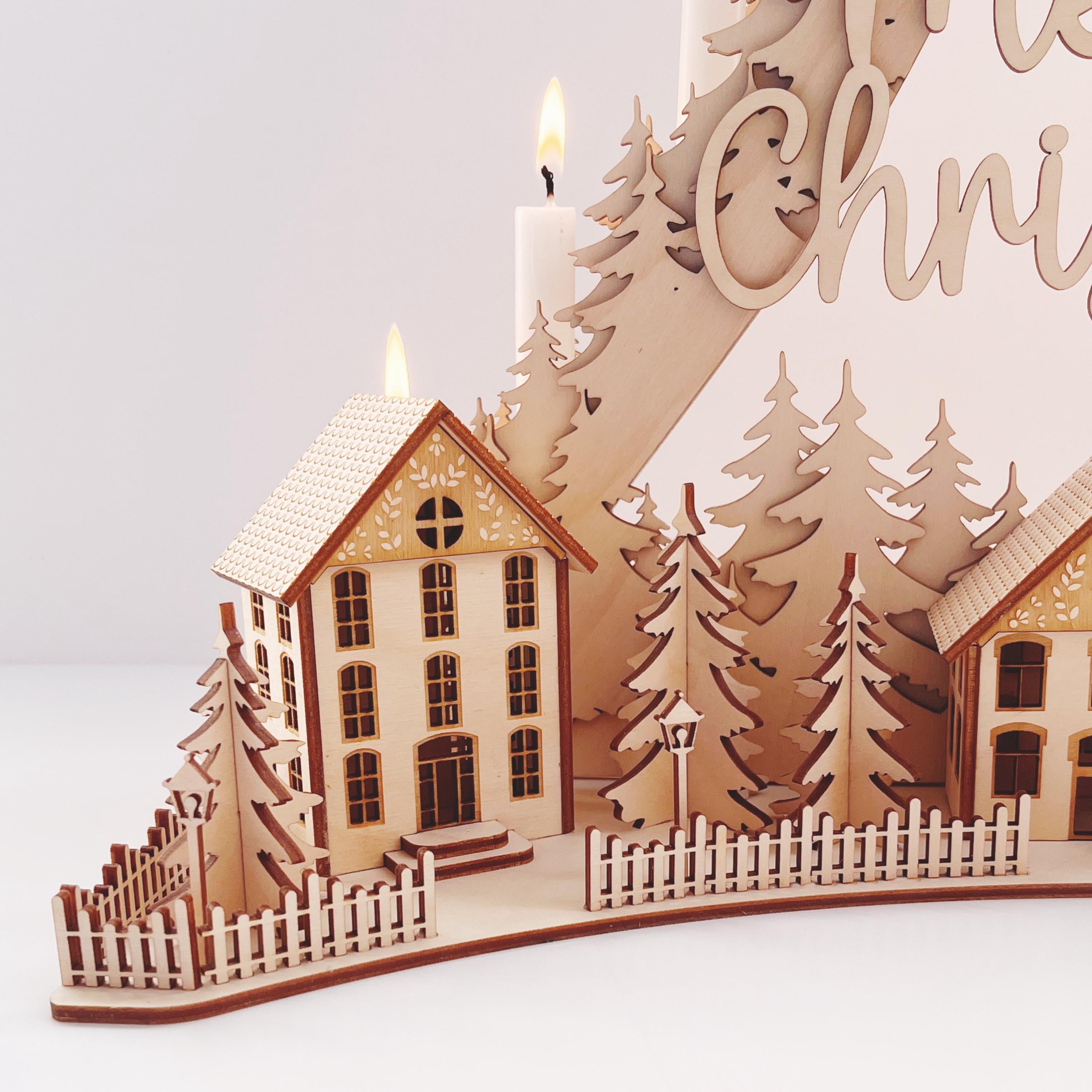 Weihnachtsdeko Holz, Handgefertigter Schwibbogen "Merry Christmas" – Weihnachtspyramide, Weihnachtsbogen, Weihnachtsdekoration aus Holz