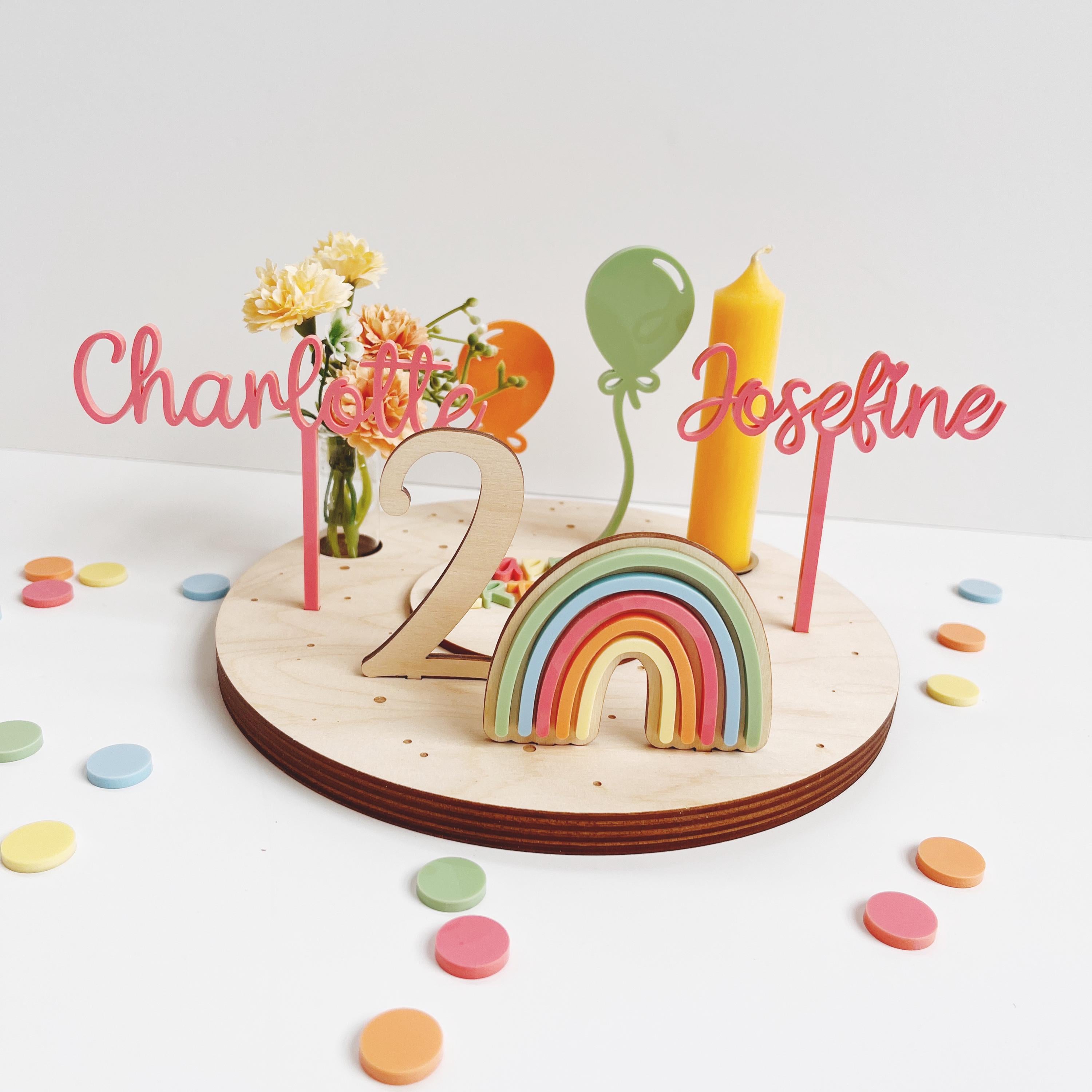 Personalisierter Geburtstagsteller für Zwillinge mit farbigen Namen, Geburtstagsteller bunt mit Vase und Kerze, Kerzenplatte