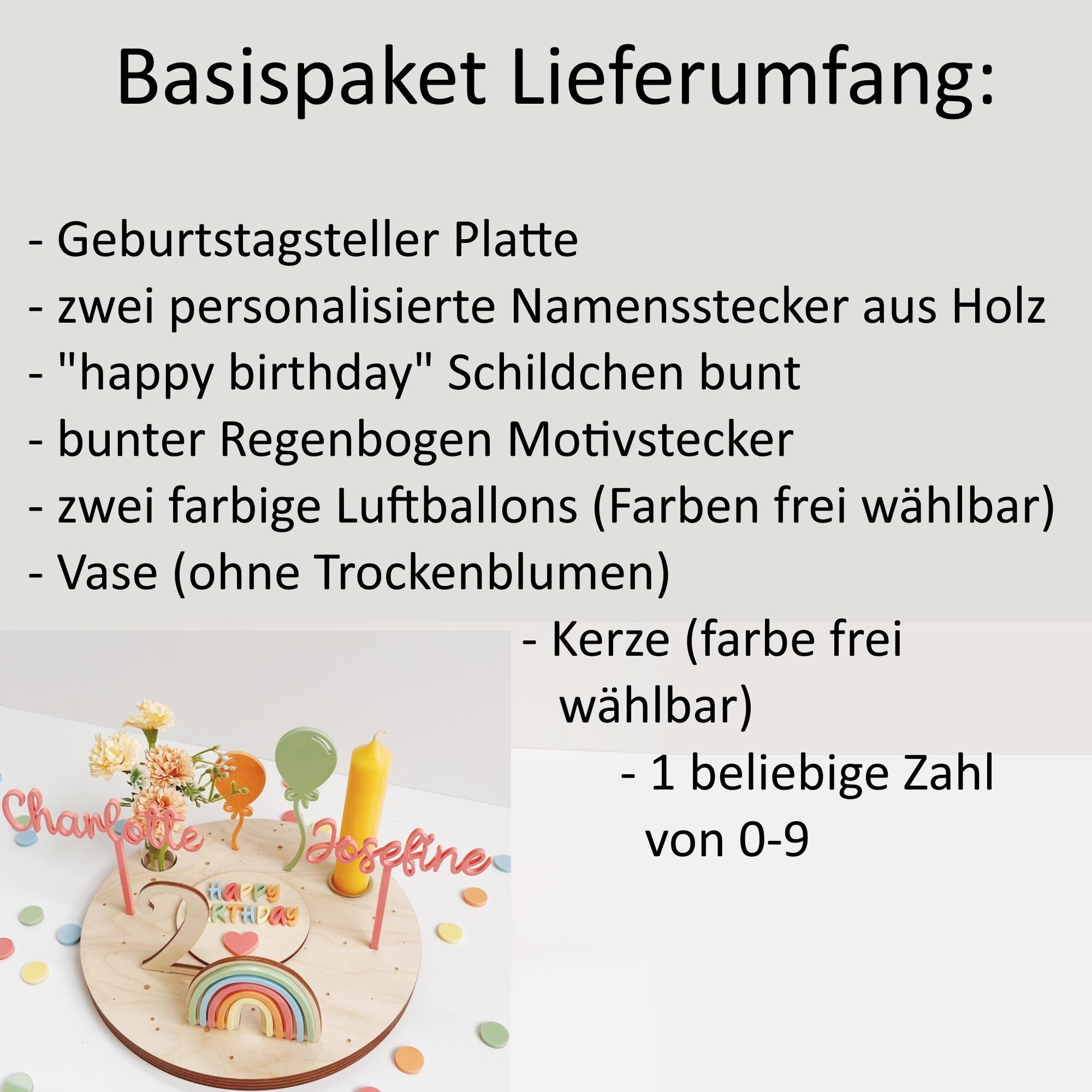 Personalisierter Geburtstagsteller für Zwillinge mit farbigen Namen, Geburtstagsteller bunt mit Vase und Kerze, Kerzenplatte